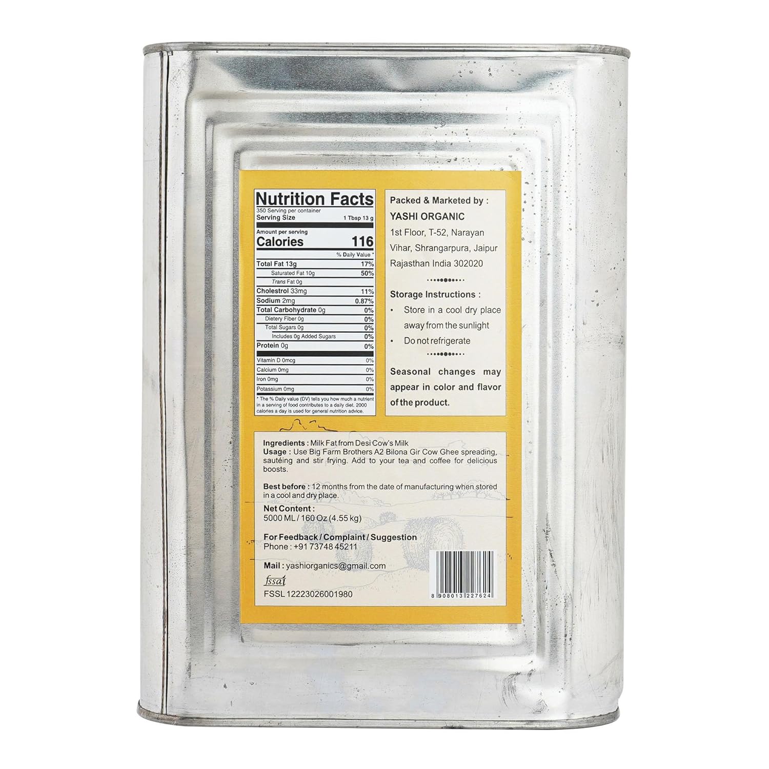 BIG FARM BROTHERS Premium A2 Gir Cow Cultured Ghee | Bilona Two Way Hand Churned | Gir Cow Ghee, Pure A2 Ghee, Natural & Healthy, Immunity Booster, Lactose and Gluten free (5 Litre TIN)