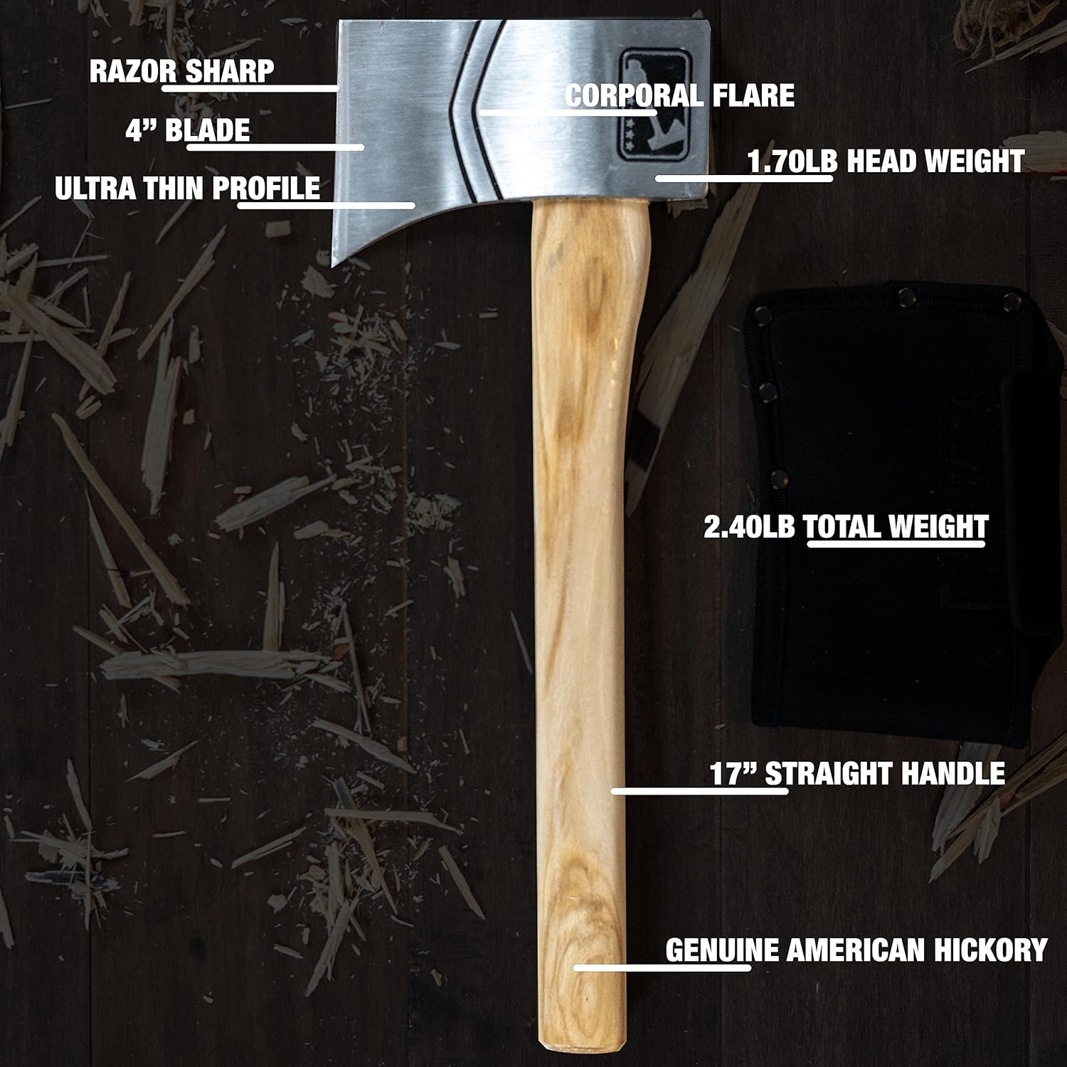 The Corporal (2nd Generation): World Axe Throwing League Premium Competition Throwing Axe with Throwing Hatchet Nylon Sheath and Hickory Wooden Handle (Patent Pending)