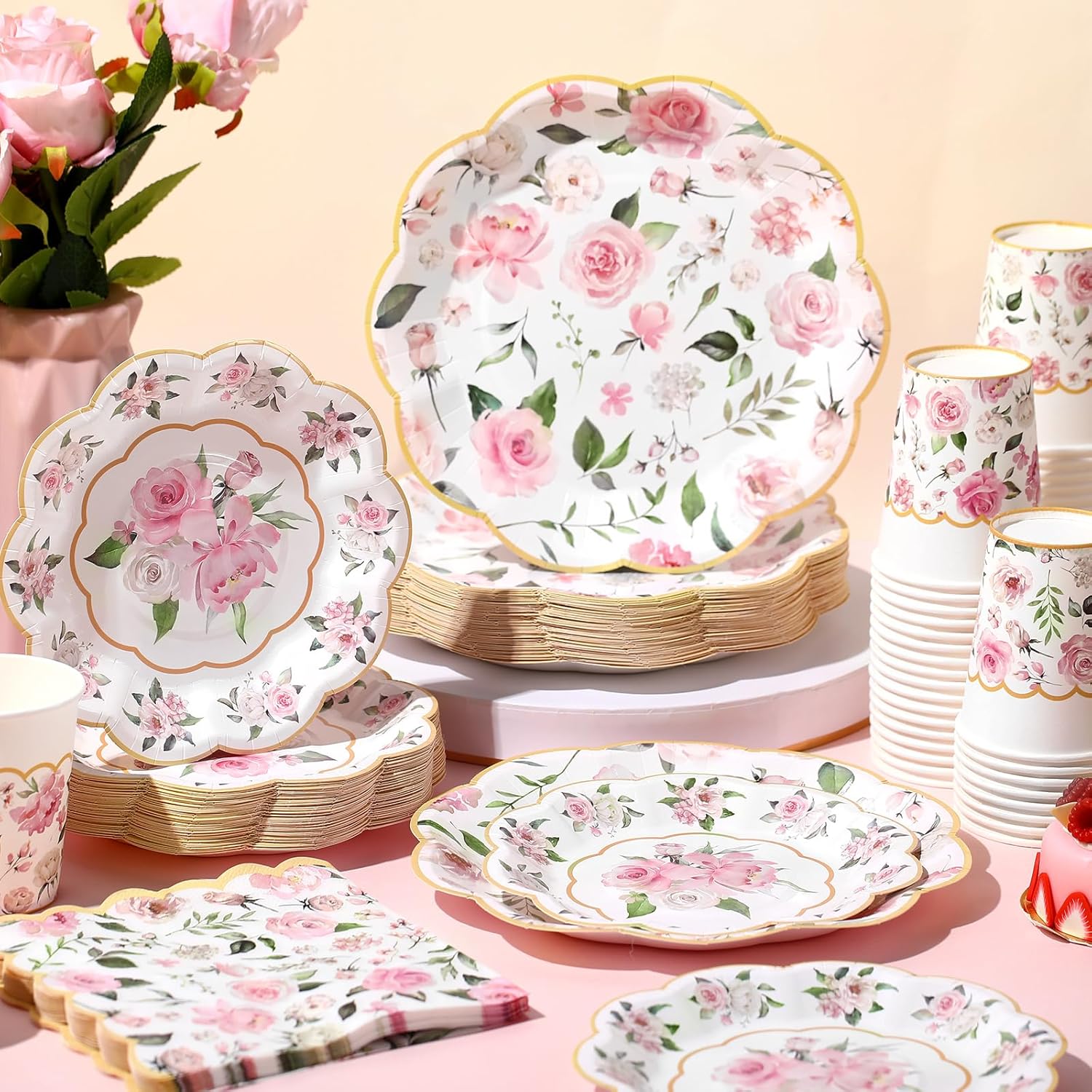 Funnymoom 250 Pcs Floral Party Decorations Flower Paper Plates Napkins and Cups Pink and Gold Floral Disposable Tableware Set for Bridal Shower Baby Shower Wedding Spring Tea Party Supplies, Serves 50