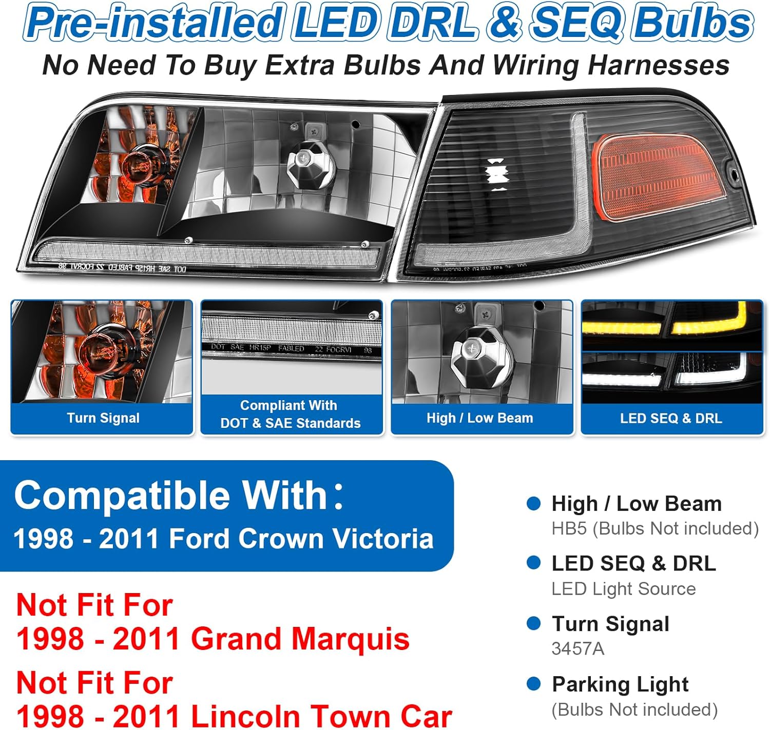Headlight Assembly Fit For 1998-2011 Ford Crown Victoria w/LED DRL Sequential Turn Light 98 99 00 01 02 03 04 05 06 07 08 09 10 11 Victoria w/Corner Headlamp (Black Housing Amber Reflector)