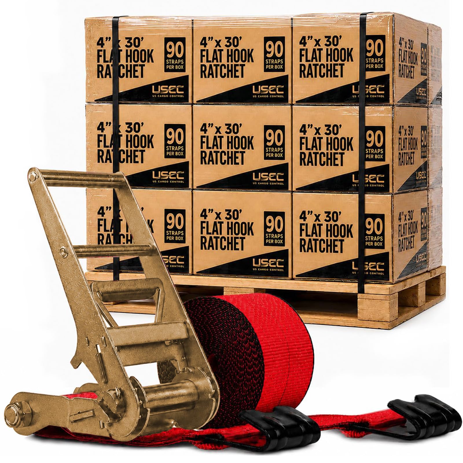 US Cargo Control Flat Hook Ratchet Straps 4” x 30’ (90-Pack), 5,400 LBS Working Load Limit, Red 4 Inch Ratchet Straps with Black Flat Hooks, Professional 4 Inch Straps for Flatbed Trailers