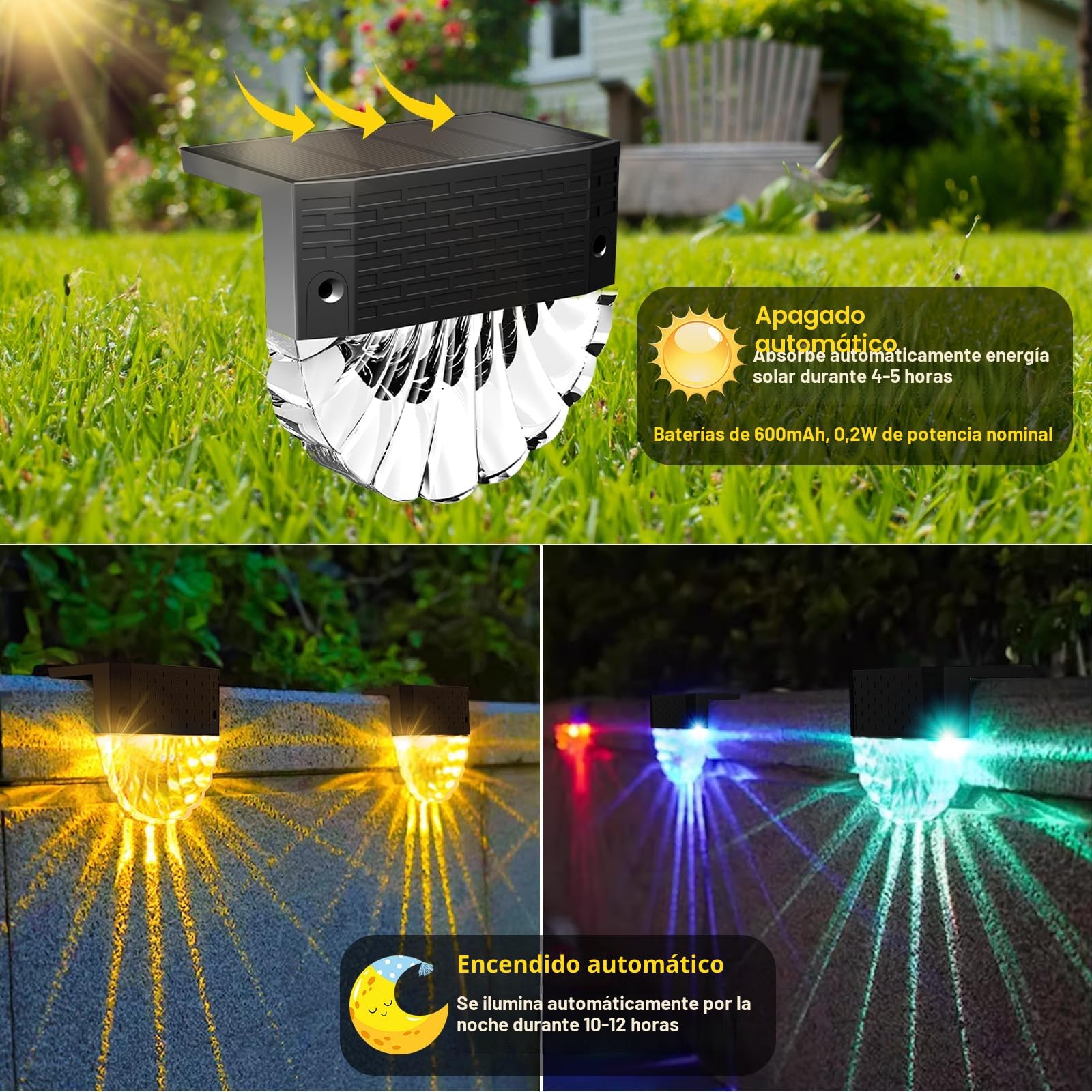 FIFlying Luces Solares Led Exterior Jardin, 6 Piezas Luz Solar Exterior, IP65 Impermeable Focos Led Solares, 3 Modelos Luz Solar Jardin, Auto ON/OFF Luces Solares para Valla Patio Escaleras Escalones