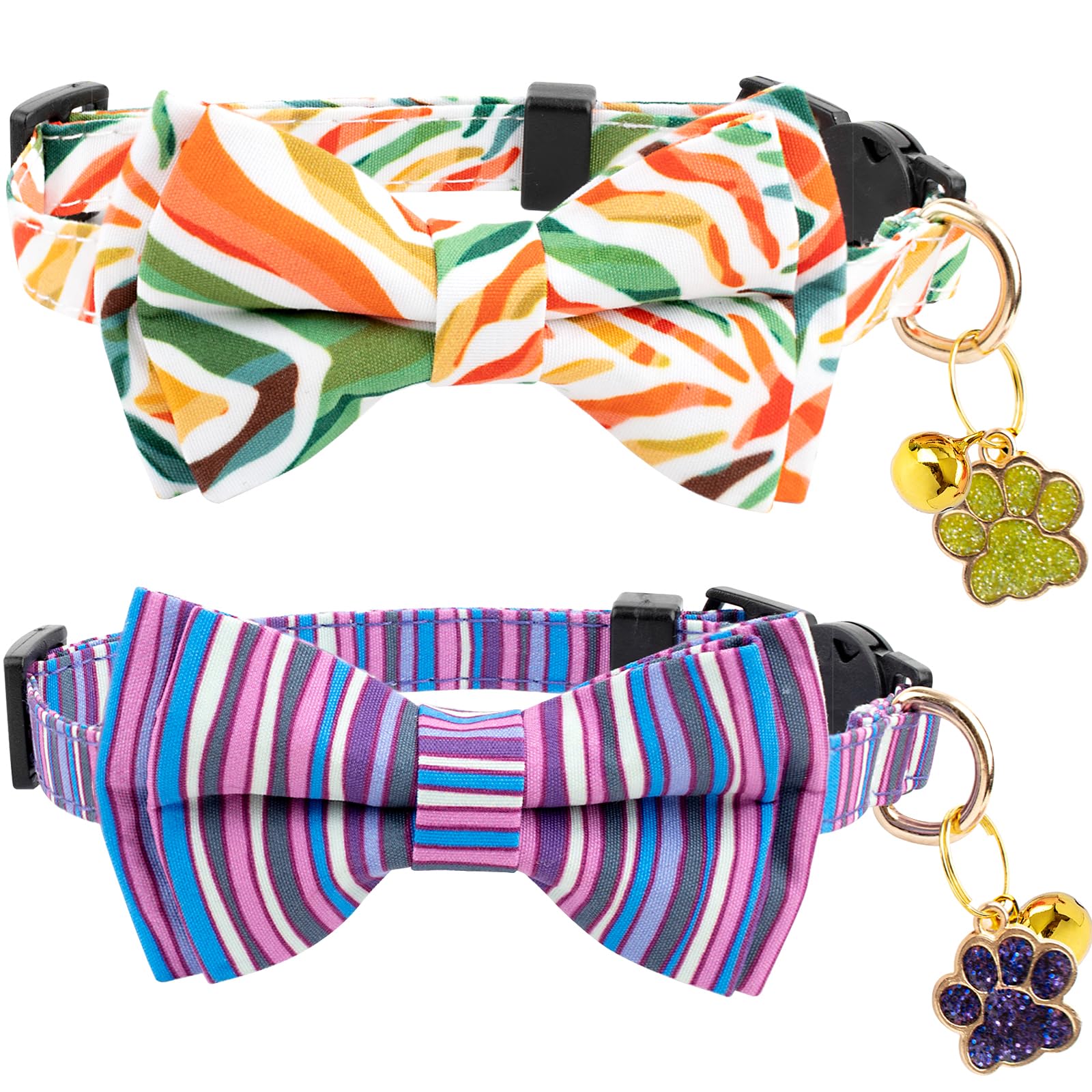 Faygarsle 2 Pack Breakaway Cat Collar with Bowtie and Bell, Striped Pattern, 2 Pack, Purple and Rainbow Colors for Boy Girl Cats