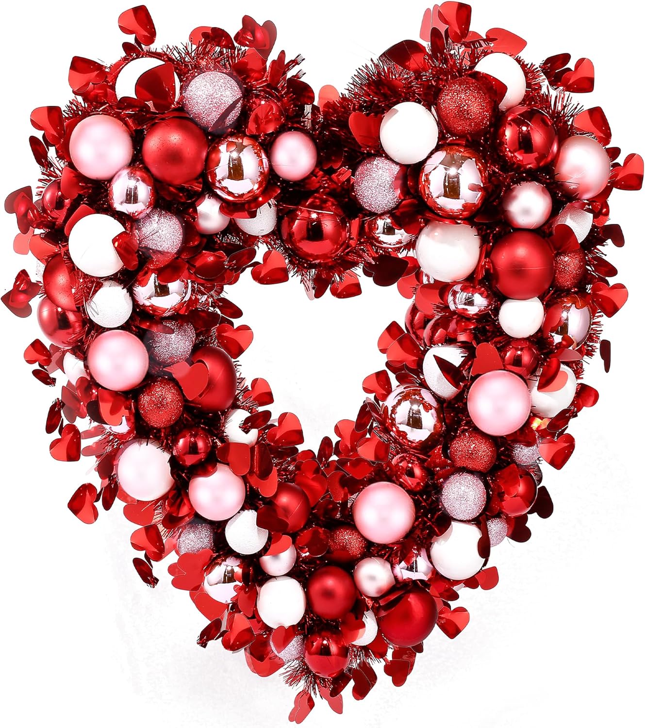 Sggvecsy 17.7'' Heart Shaped Wreath Red Pink White Heart Wreath with Tinsel Red Balls Decorations for Front Door Wedding Party Anniversary Wall Decor Gift Girlfriend Mother’s Day