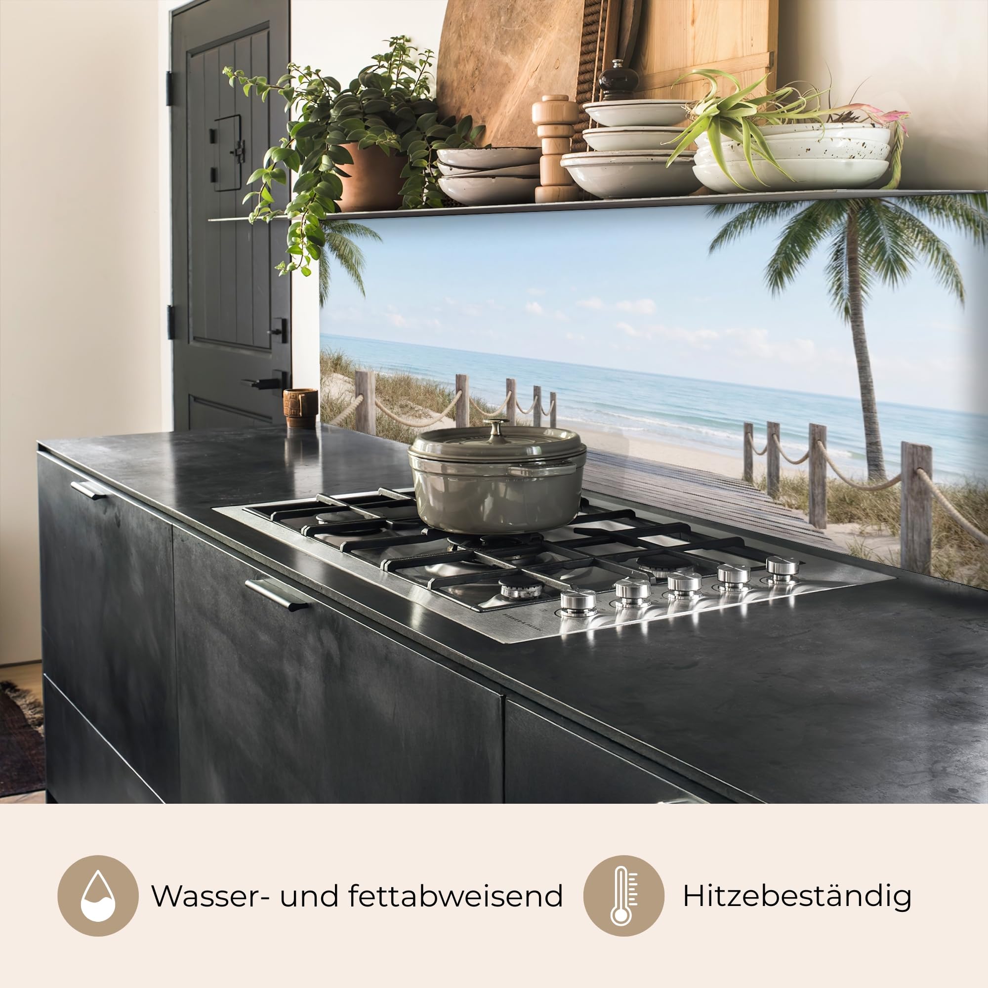 KitchenYeah© Spritzschutz Küche 60x200 cm Küchen Rückwand Küchendeko Wand Wandschutz Selbstklebend Backsplash Kitchen Peel and Stick Palmen - Weg - Horizont