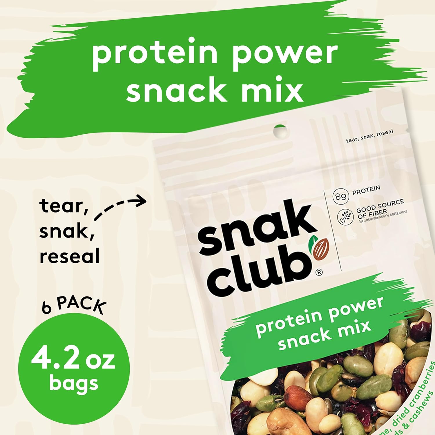 Snak Club Protein Power Snack Mix with Peanuts, Roasted Edamame, Dried Cranberries, Pumpkin Seeds, Almonds, and Cashews, Gluten-Free and Kosher Trail Mix Snacks, 4.2 oz Resealable Bags, 6 Pack
