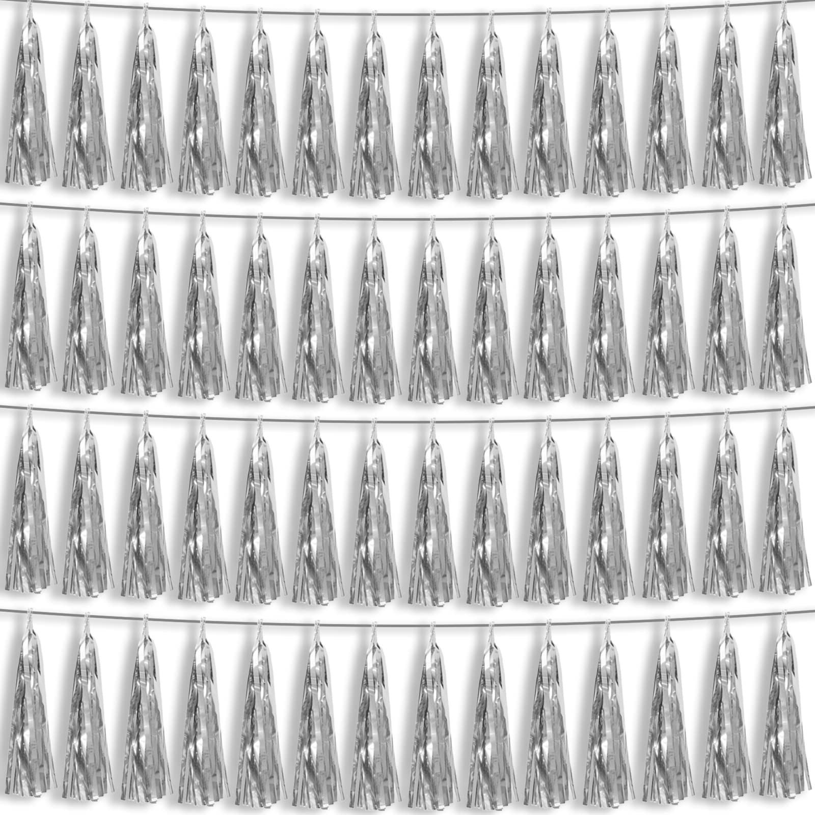 4P Silver Foil Fringe Metallic Tassel Streamers Banner Tassel Garland for Parade Floats, Bachelorette, Wedding, Birthday, Halloween, Christmas, Bridal/Baby Shower Party Decorations