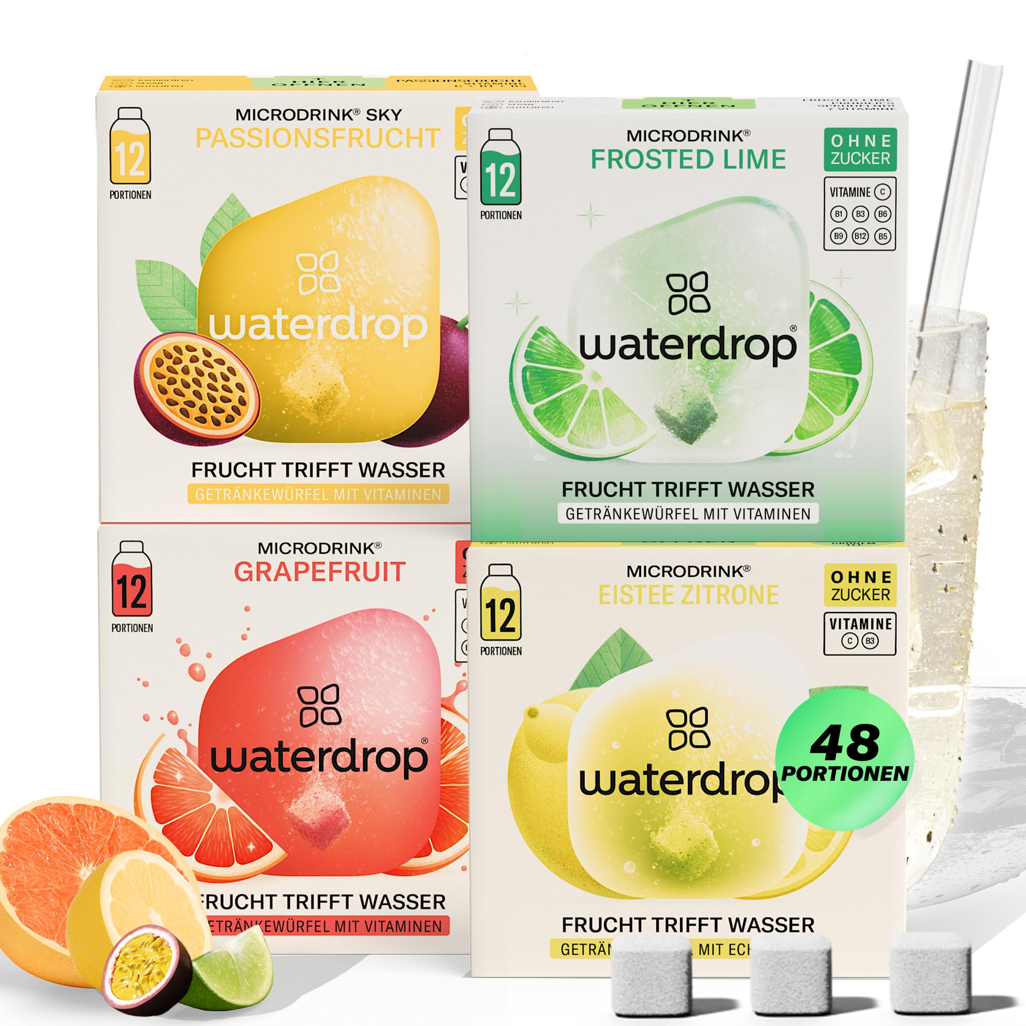 waterdrop® Tropische Früchte Set – 48 Waterdrop Würfel in 4 verschiedenen Sorten – Zuckerfreier Durstlöscher & Alternative zu Getränkesirup und Geschmackspulver – Flavour Drops im Wasser auflösen
