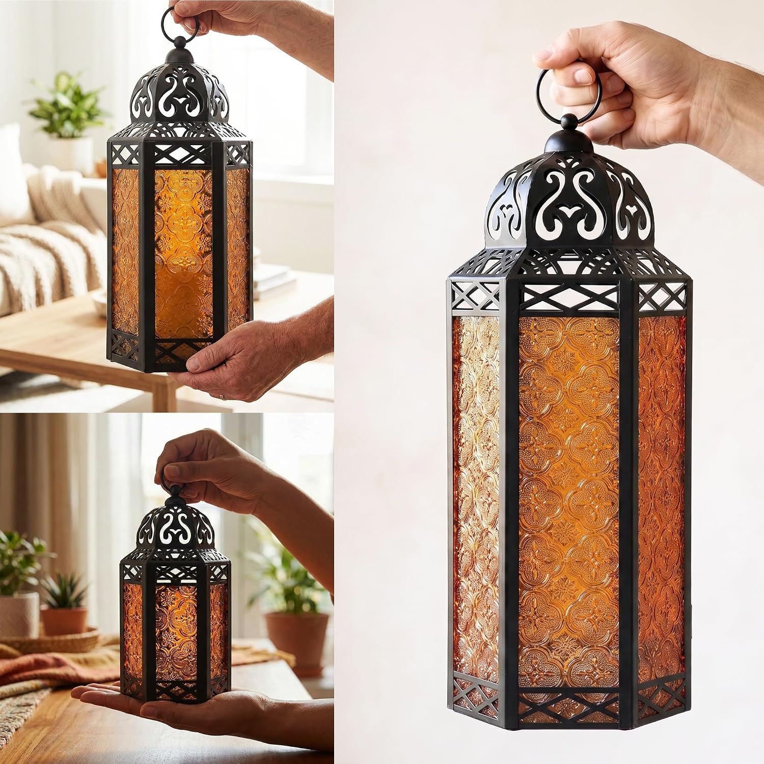 VELA LANTERNS Set of 3 Amber/Orange Glass & Black Metal Moroccan Candle Lantern Holders (XL, Large, Small) - Decorative Indoor/Outdoor Decor for Patio, Floor, Weddings & Ramadan