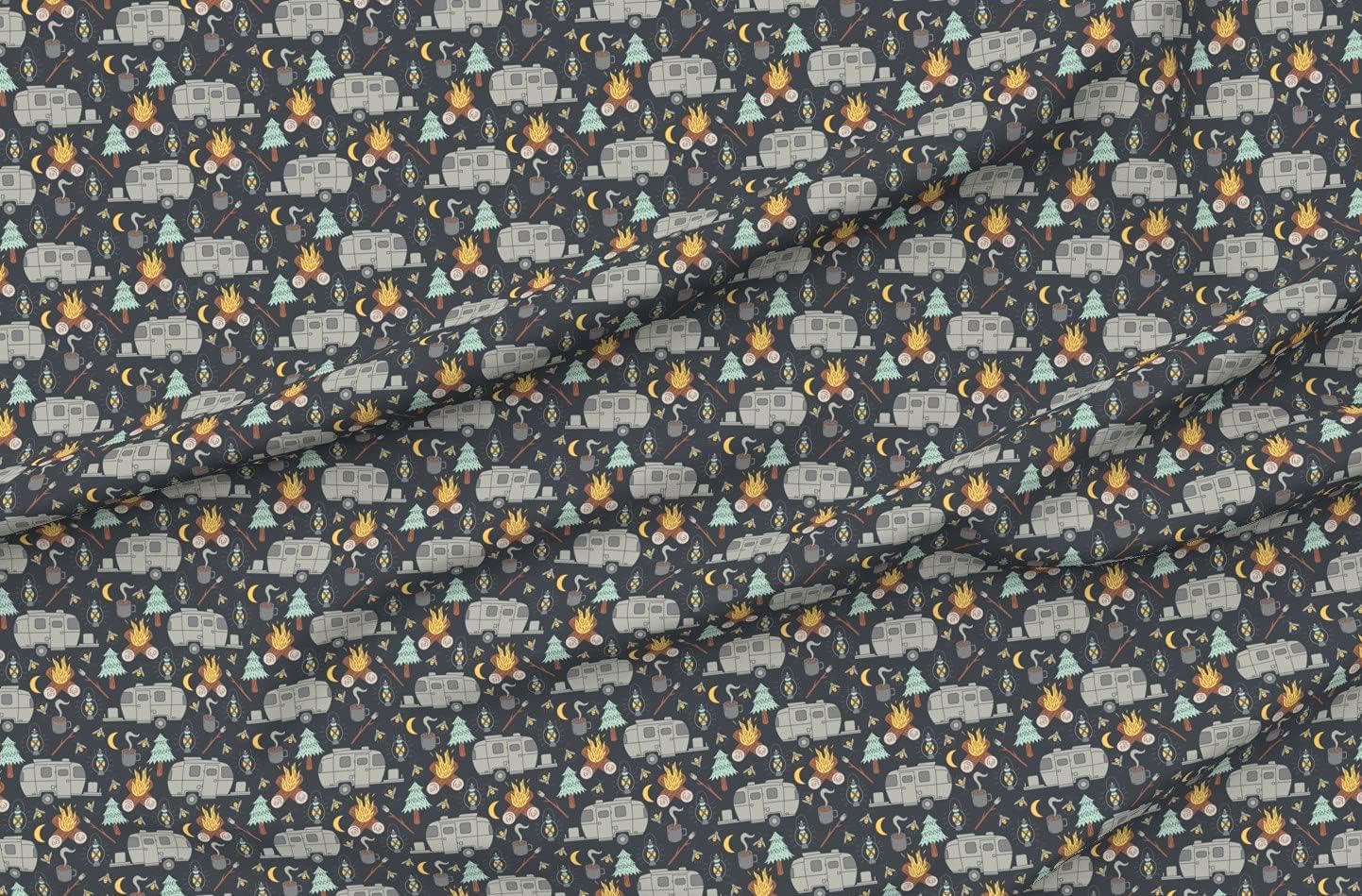 Spoonflower Fabric - Retro Camping Camper Campfire Fireflies Coffee Outdoors Printed on Organic Cotton Sateen Fabric by The Yard - Sewing Quilting Apparel Home Decor