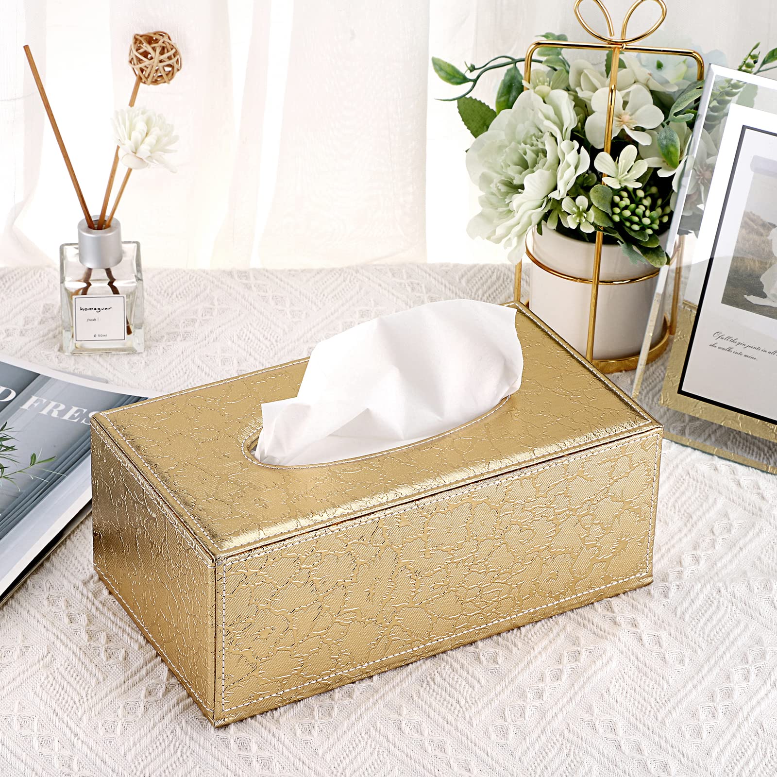 Taschentuchbox Rechteckige Kosmetiktücherbox Kunstleder Papiertaschentuchbox mit Goldener Blitz Taschentuchhalter 25x14x11cm Tissue Box für Esszimmer Wohnzimmer Schlafzimmer Auto Büro Hotel