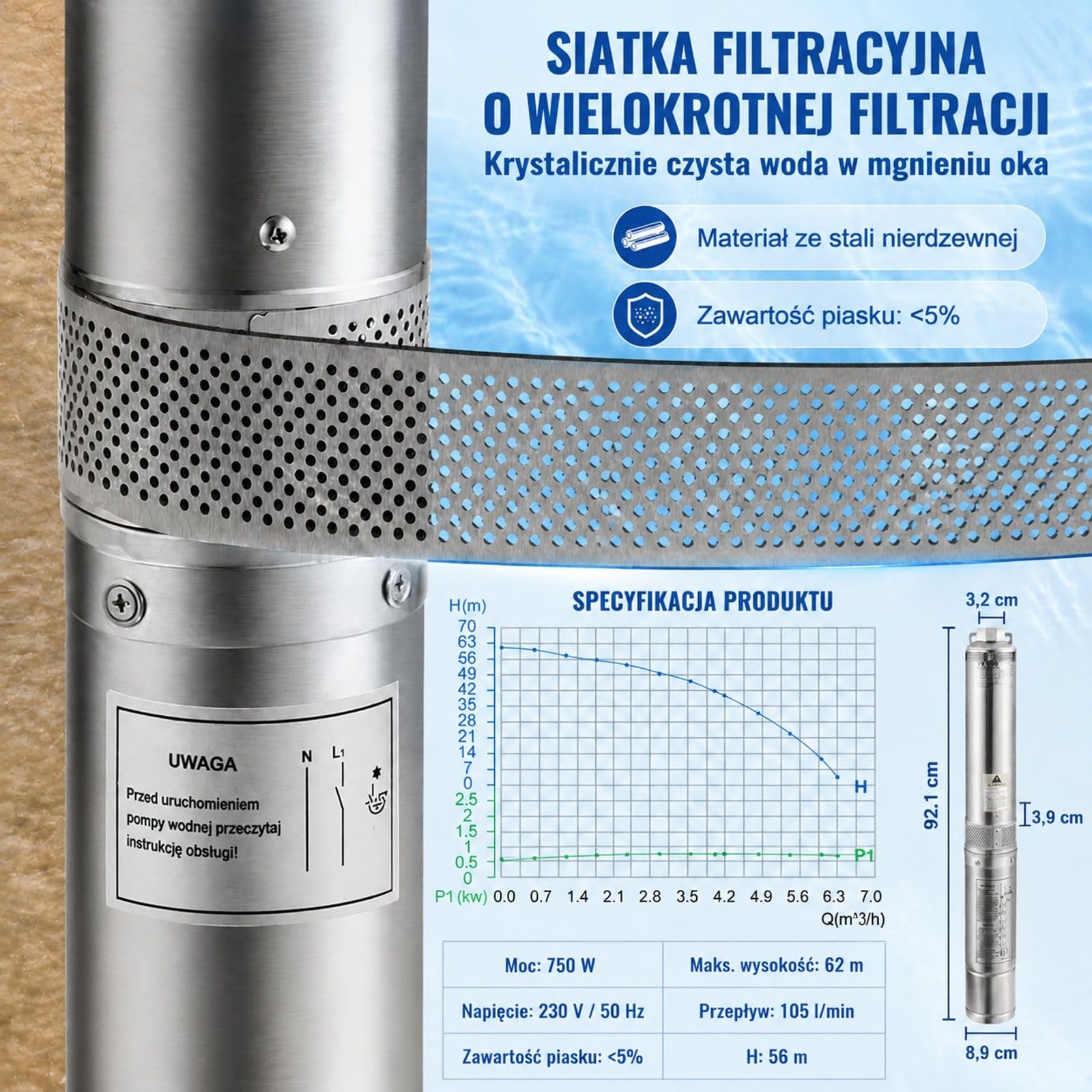 Pompa głębinowa 750 W, 105 l/min, wysokość podnoszenia 62 m, stal nierdzewna, kabel 20 m, do nawadniania i zaopatrzenia w wodę