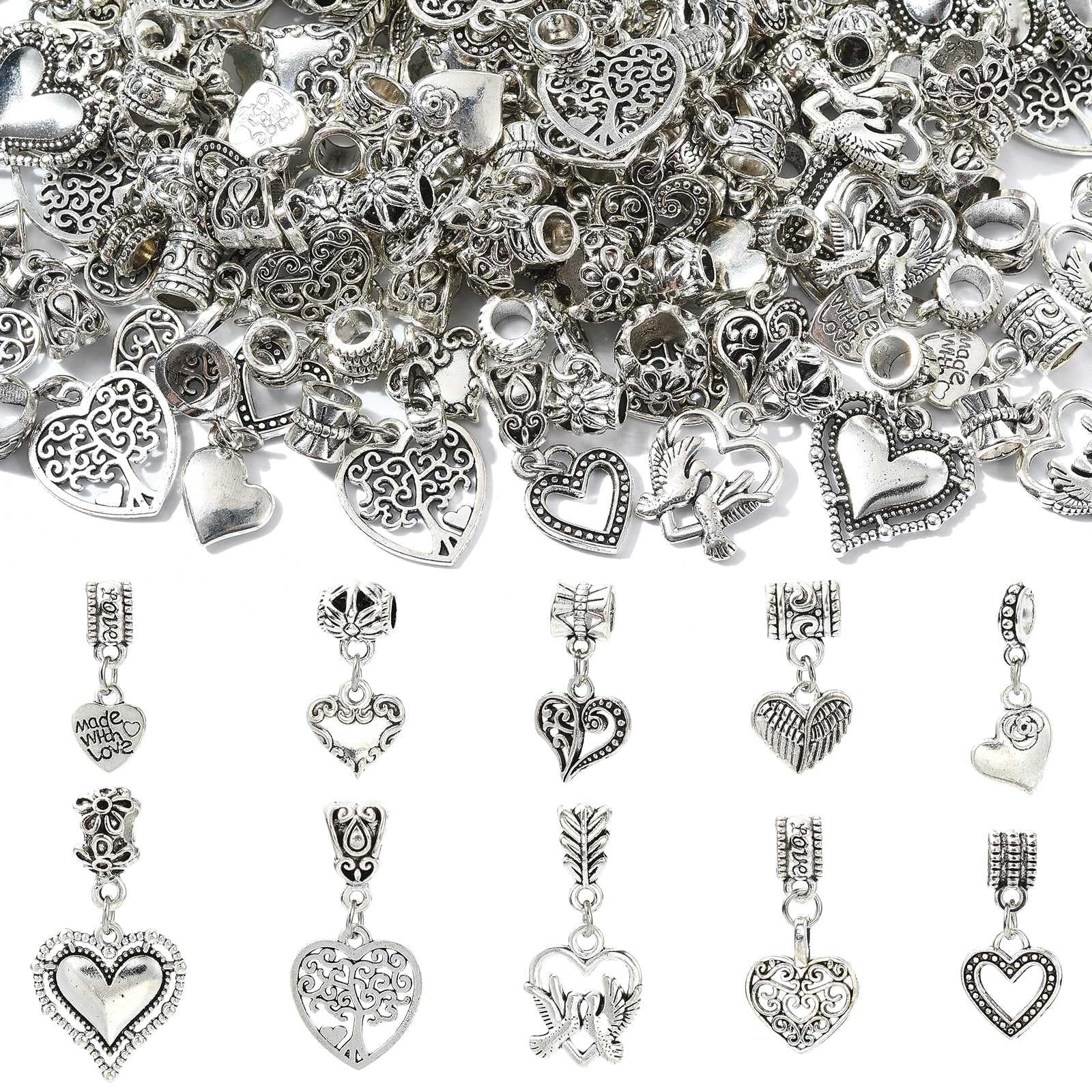 Stiesy 100Pcs 10 Styles Vintage Heart European Dangle Antique Hollow Gothic Heart Wing Charms for Crafts Jewelry Making