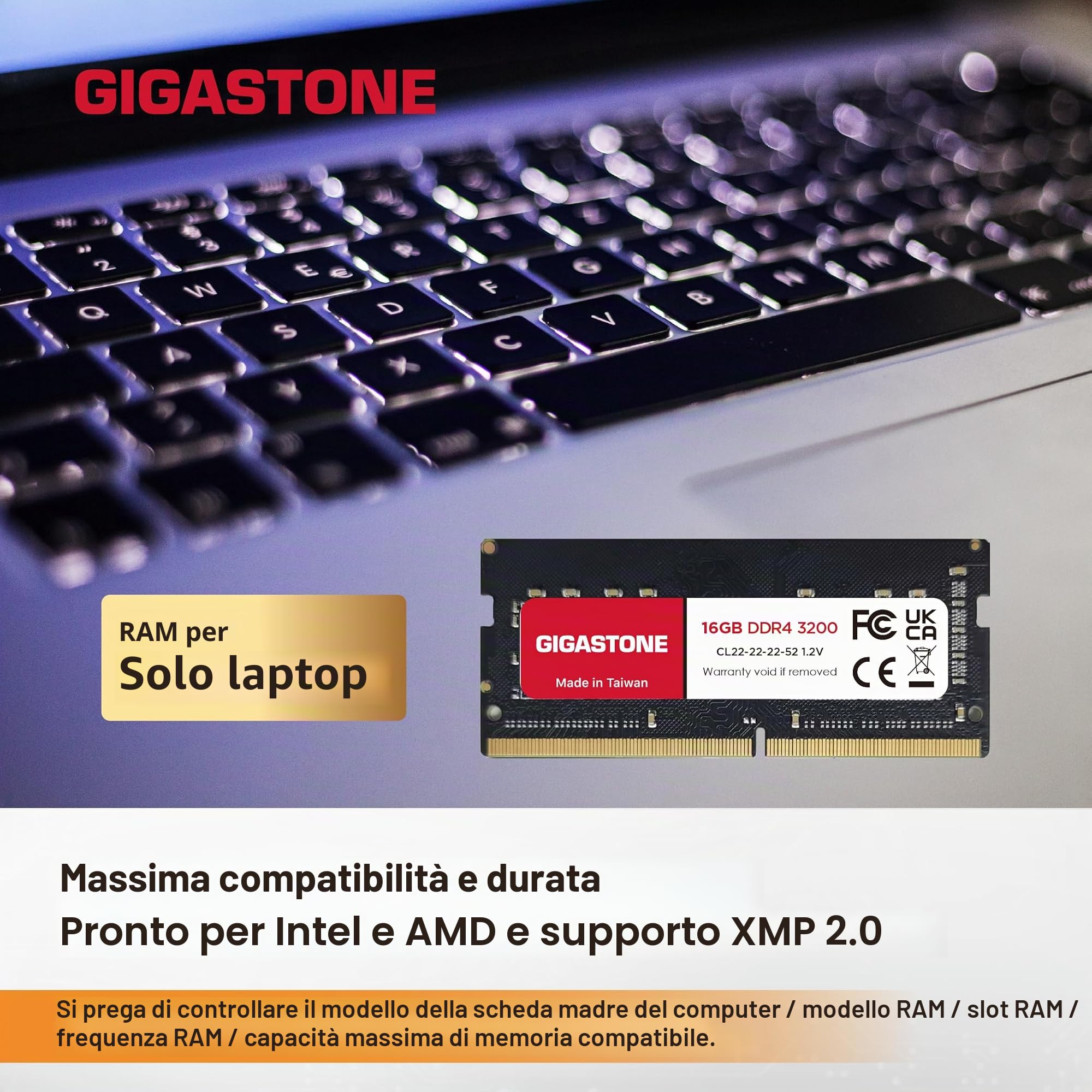 【DDR4 RAM Solo Notebook】GIGASTONE 32GB Kit(2x16GB) DDR4 3200MHz (2933MHz or 2666MHz) PC4-25600 (PC4-23400, 21300) CL22 1.2V SODIMM 260pin Memoria notebook–Unbuffered Non-ECC, alte prestazioni