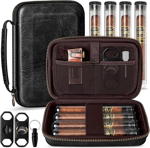 Miniatura 9 de Estuche Humidor de Puros de Viaje, Bolsa Portátil para Puros con 4 Tubos para Puros, Estuche de Cuero para Puros Incluye Cortador Recto, Cortador en