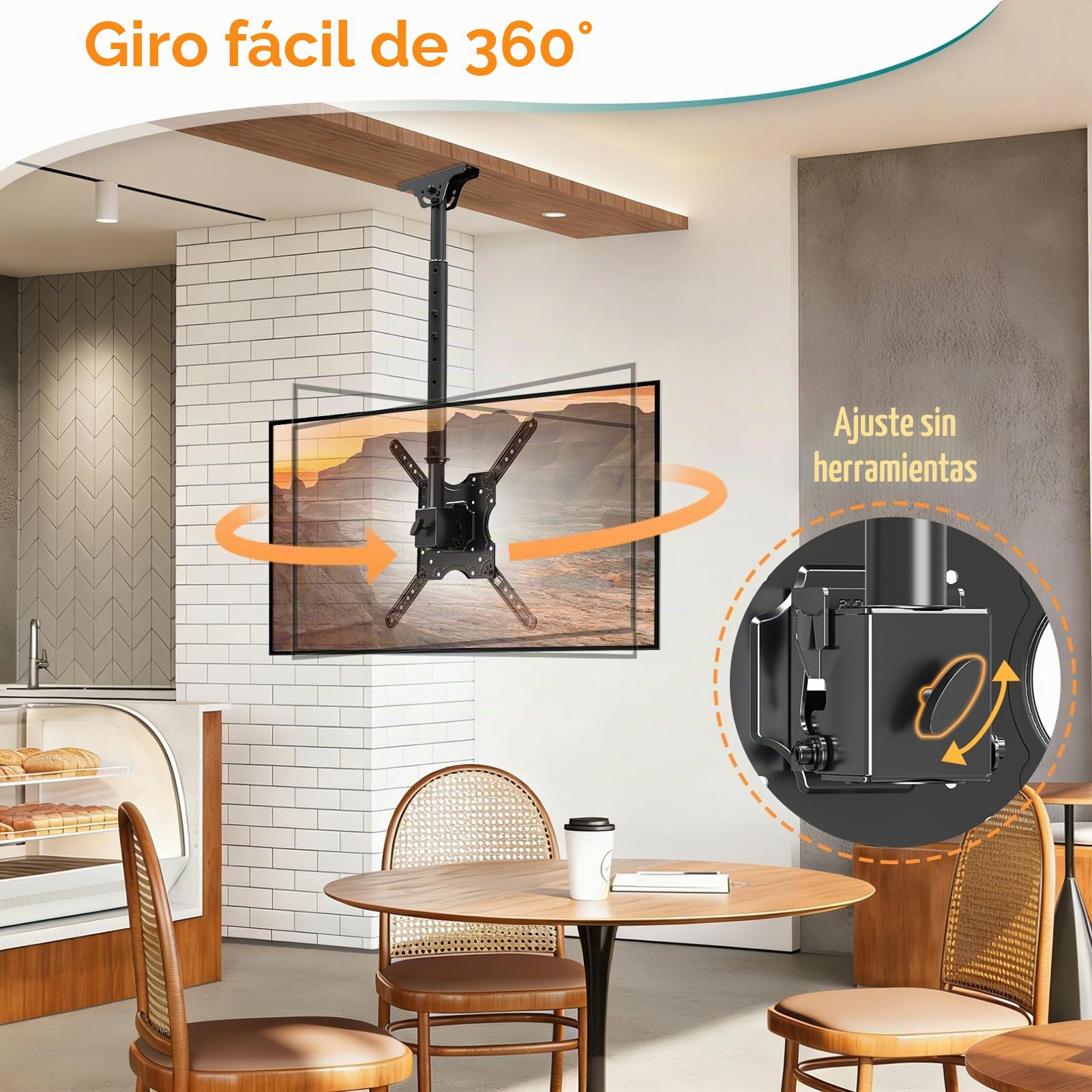 ELIVED Soporte de techo para TV para la mayoría de televisores planos y curvados de hasta 45 kg, máx. VESA 400 x 400 mm, altura ajustable para techo plano o techo inclinado, EV3015 | Soporte de TV regulable en altura para techo plano o techo inclinado EV3