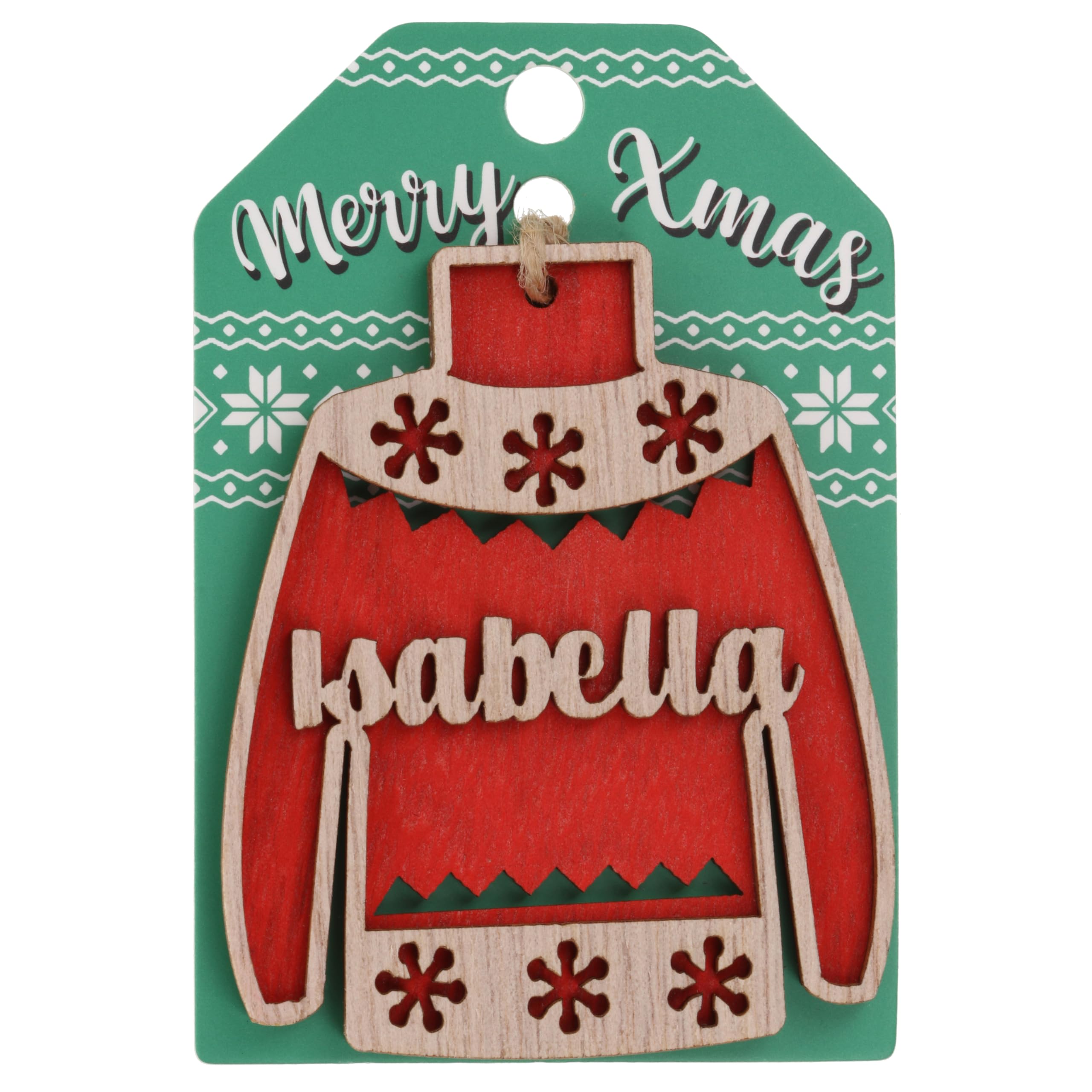 Isabella Name Christmas Jumper Wooden Tree Decoration Personalised Bauble Xmas Red