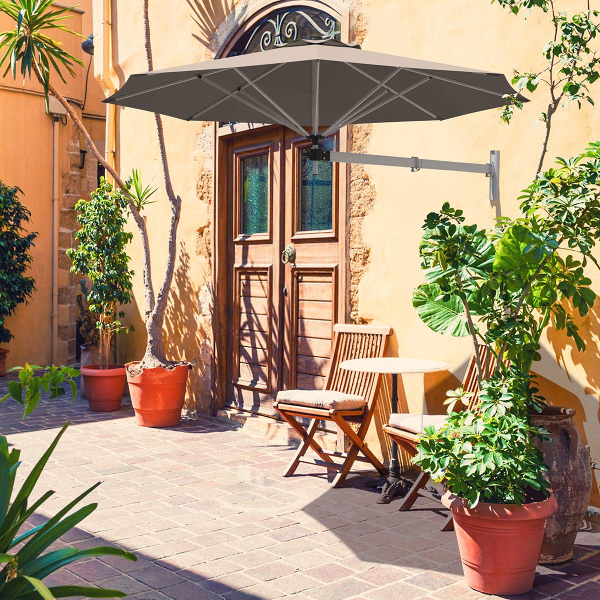 GYMAX Ombrellone da Parete a Braccio, con Testa Inclinabile e Supporto Regolabile, Ombrellone da Esterno con 8 Costole Robuste, per Balcone, Giardino, Cortile