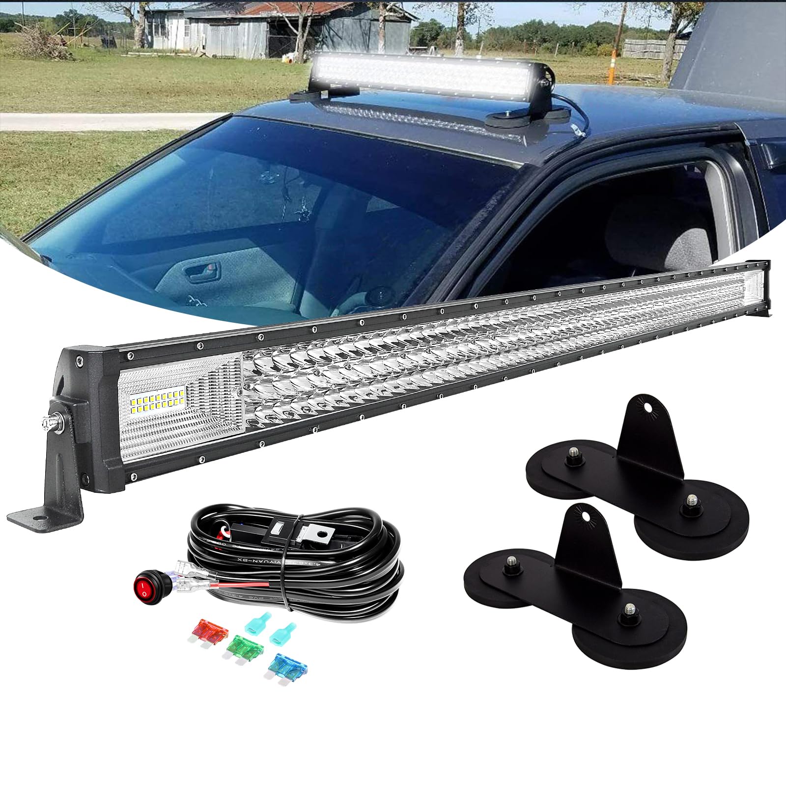 PICAA 50 Pulgadas 648W+Soporte Magnético+Cableado Kit, 127cm Tri-Fila Luz de Trabajo LED 12V 24V 6000K Blanco Foco Led Coche Camión Todoterreno Barras Luminosas Led