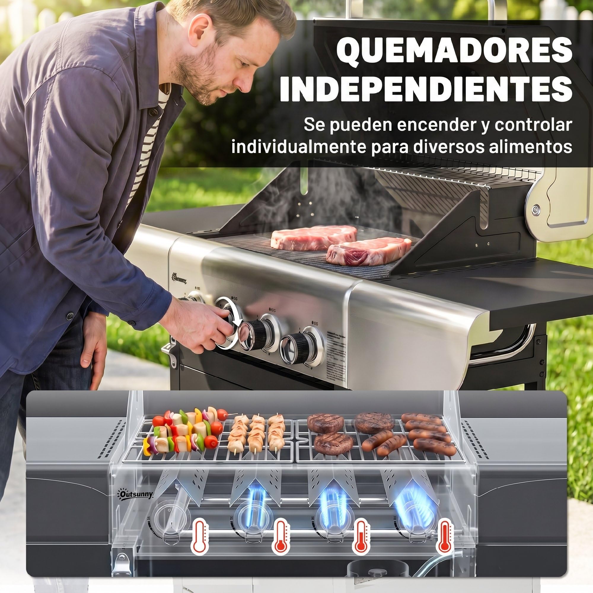 Outsunny Barbacoa de Gas BBQ Gas con 4 Quemadores 12,8 kW Barbacoa Portátil con Termómetro Mesas Laterales Armario Rejilla Calentadora Acero Parrillas de Hierro Fundido Recogedor Grasa 4 Ruedas Negro
