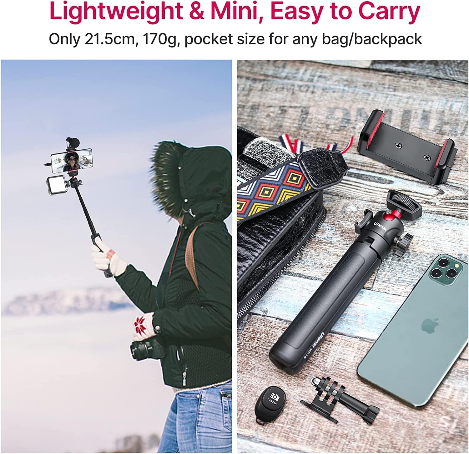 Perche à Selfie ULANZI MT-16 avec déclencheur à Distance, Support de téléphone Portable, trépied de Table pour Webcam, Appareil Photo, Mini trépied pour Smartphone iPhone Samsung