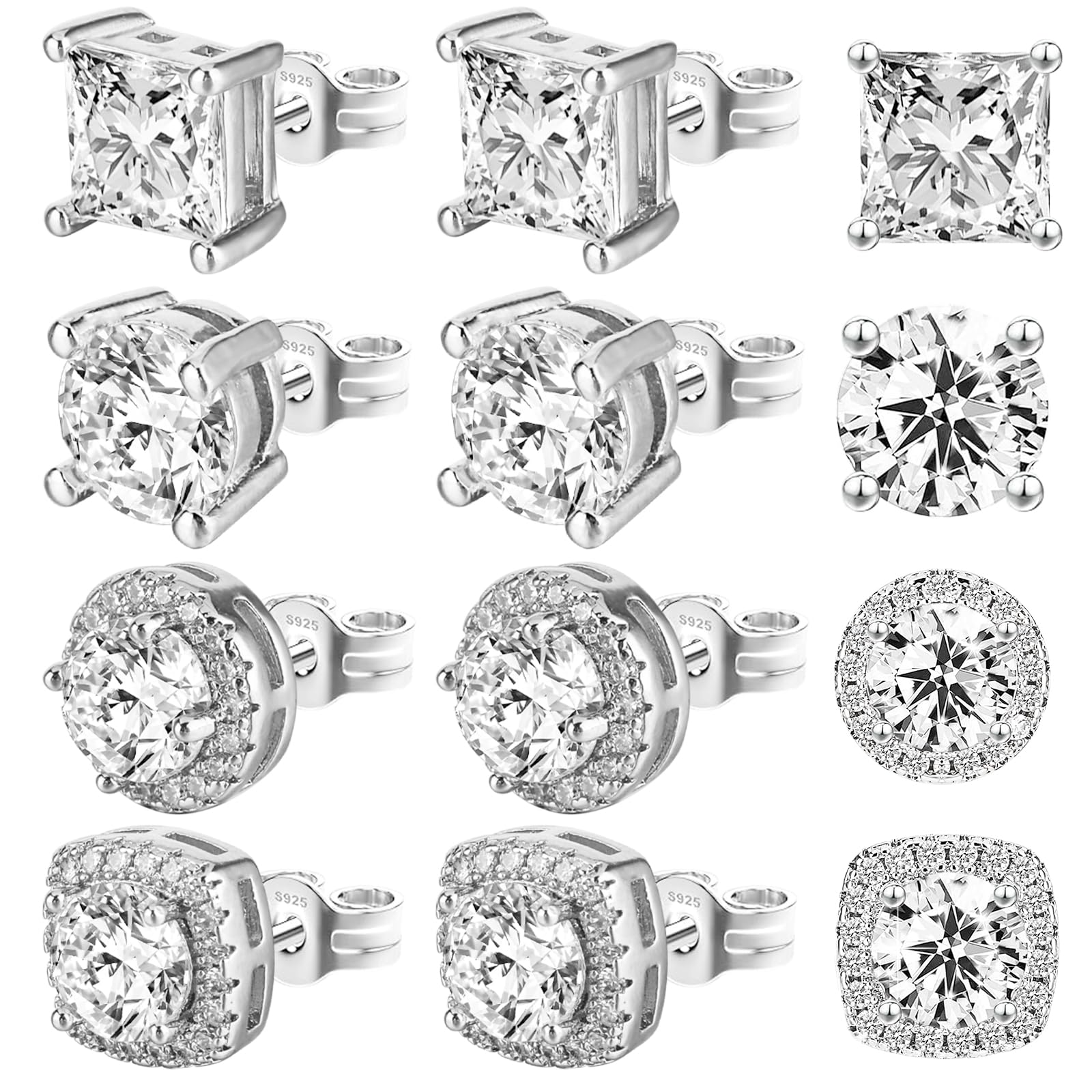 Small Plated Tiny Earrings Set - CZ Stud Earrings in Square, Round & Teardrop Shapes - Anti-sensitive for Women & Men