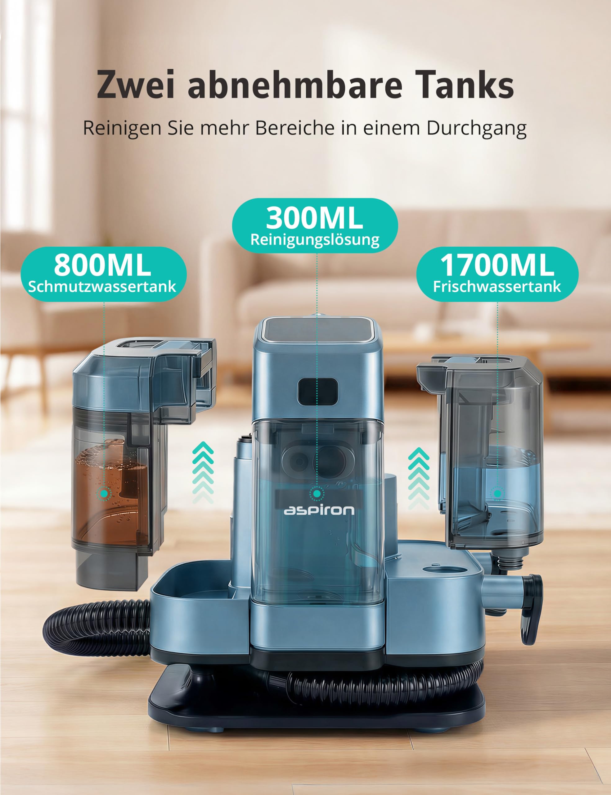 Aspiron Polsterreiniger Gerät, 3-in-1 Dampfreiniger mit Heiß-/Kaltwasser- und Dampfwäsche, 300 ML Teppichreiniger, Nasssauger für Teppich Sofa Auto Matratze, Waschsauger für Haustierbesitzer Familien