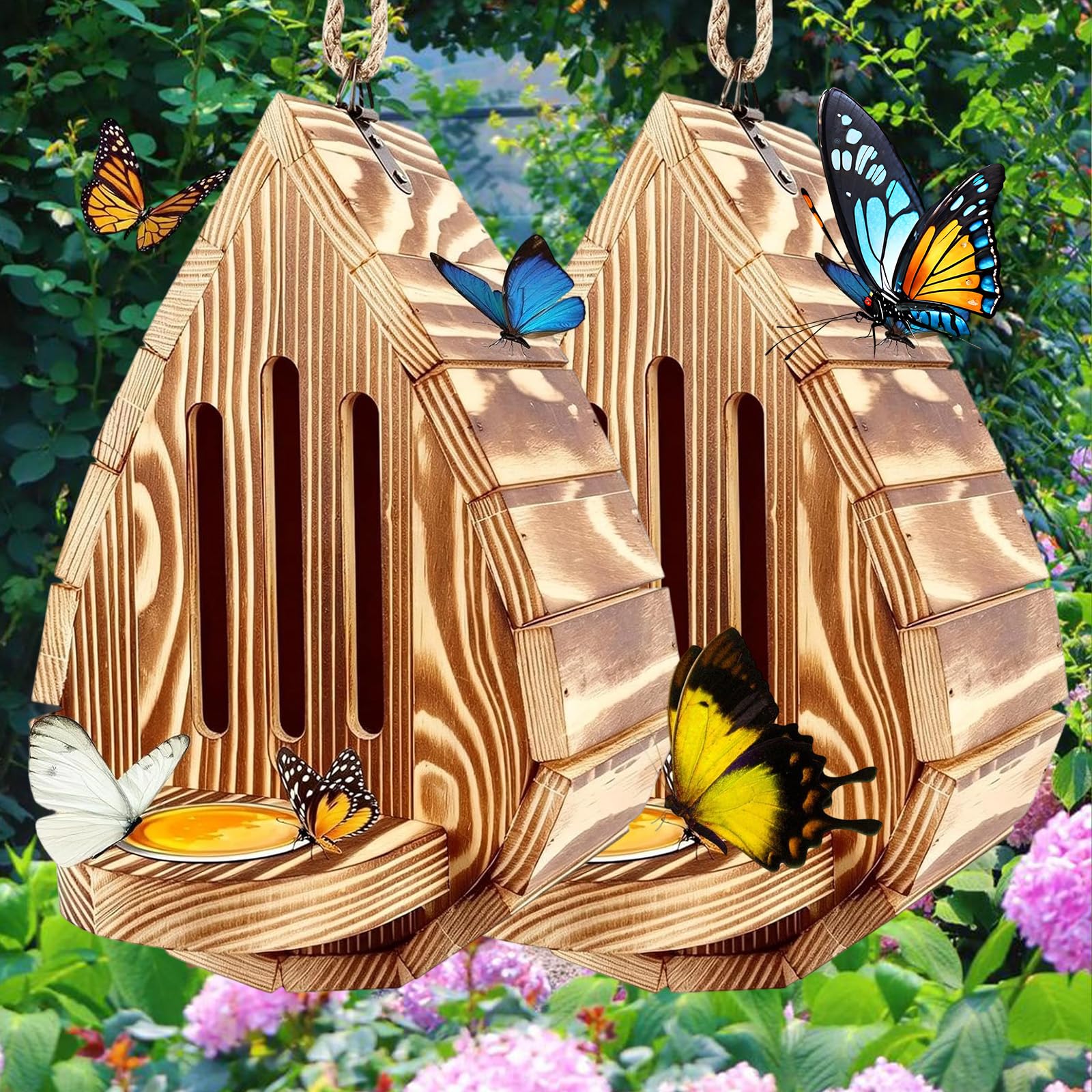 Butterfly Feeding Station,Teardrop-Shaped Wooden Butterfly House for Garden, Butterflys House and Feeder, Pollinator Garden Habitat, for Backyard, Garden & Nature Lovers (2pc)