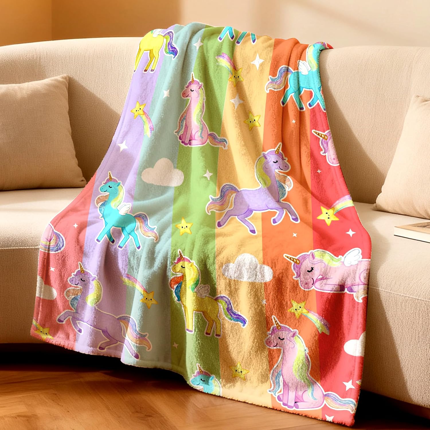 Cute Unicorn Flannel Blanket for Women, 50x60 Inch Lightweight Soft Throw