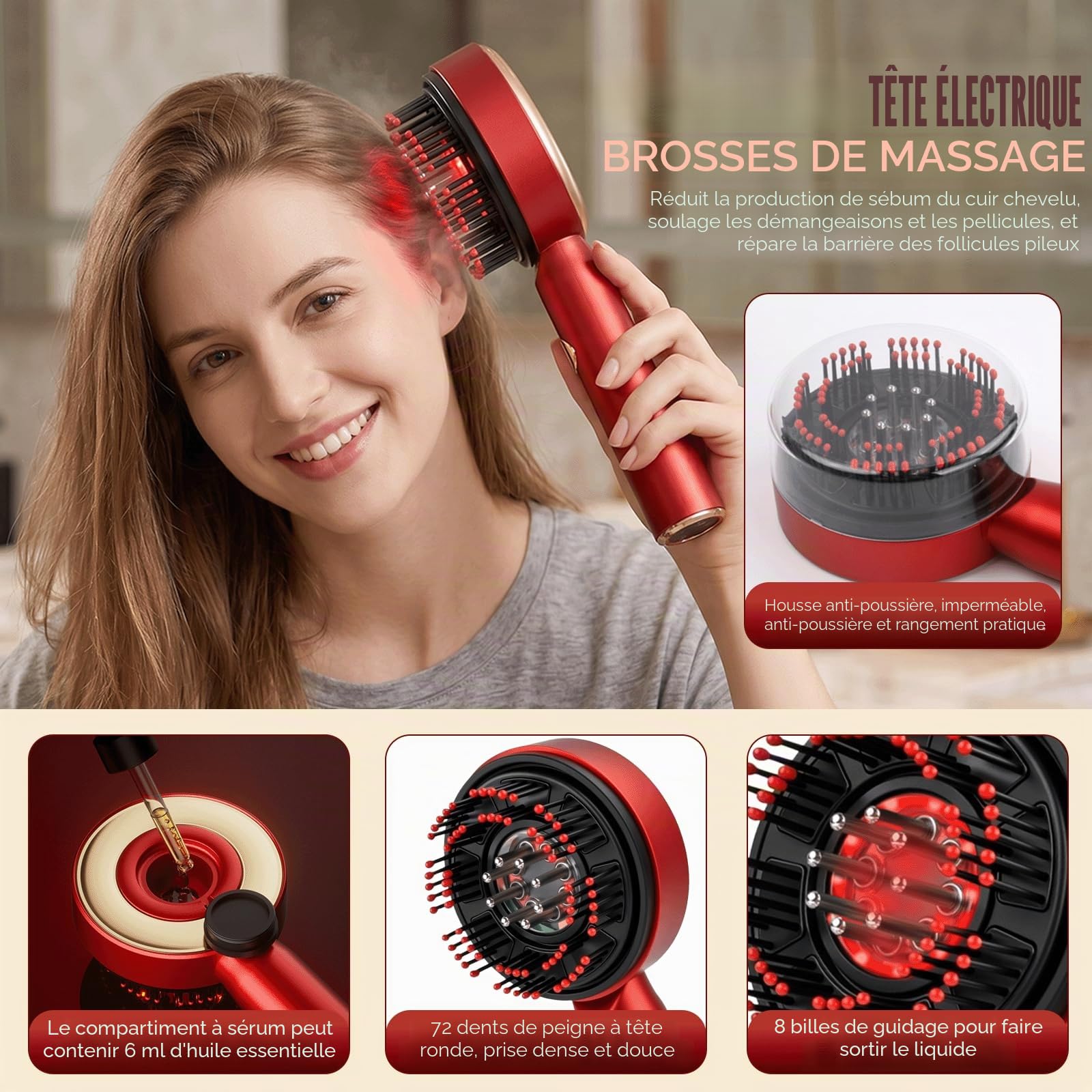 Brosse de Massage Électrique Cuir Chevelu, Brosse Massage Cuir Chevelu Electrique, Masseur de Tête Électrique avec Lumière Rouge, 3 Modes Peigne de Massage Électrique