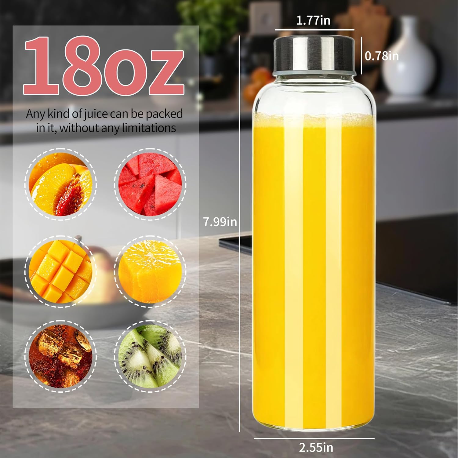 Jazb Glass Juice Bottles with Lids18 oz, Reusable Glass Water Bottles with Leakproof Cap for Juicing, Juice Glass Bottle Set of 8 - Image 2