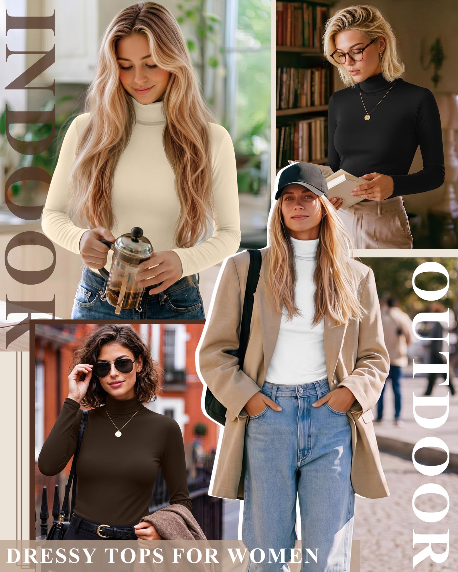 Neer Confezione da 5 magliette da donna a collo alto a maniche lunghe, in cotone termico, per autunno e inverno, confezione multipla