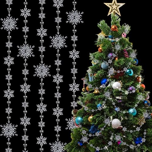 Lewtemi Guirnalda de copos de nieve de acrílico de Navidad de 32.8 pies, adorno de copo de nieve para colgar en copos de nieve de Navidad,