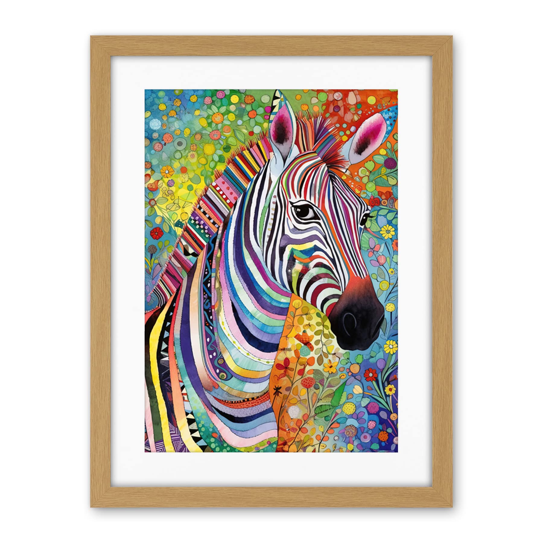 Artery8 Folk Art Zebra Colourful Flower Boho Artwork Framed Wall Art Print 18X24 Inch