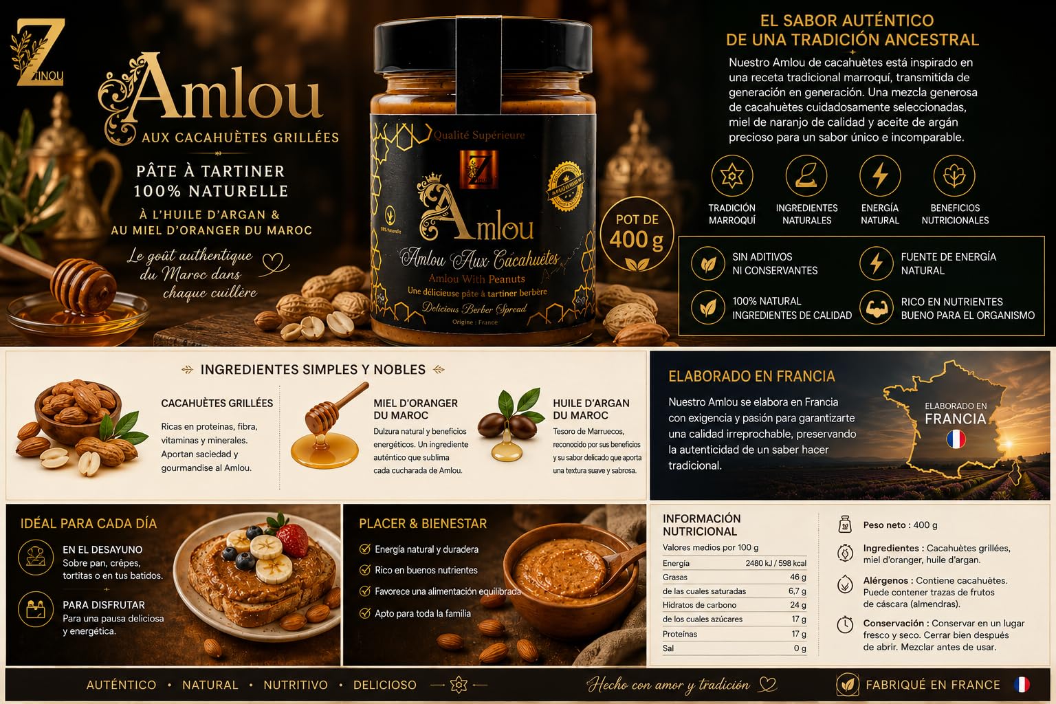 Amlou con Cacahuetes Tostados, Aceite de Argán y Miel de Azahar de Marruecos – Tarro de 400 g
