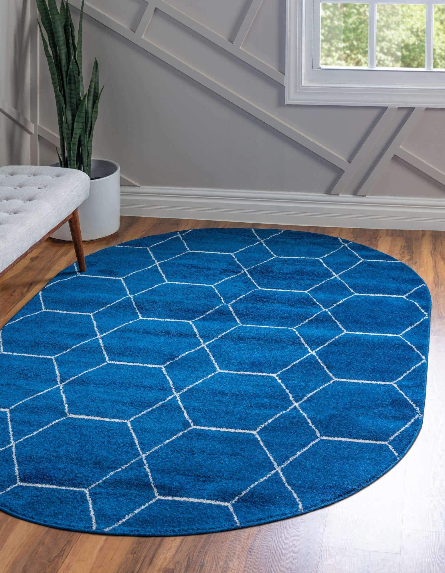 Unique Loom Trellis Frieze Collection Area Rug - Geometric (4' x 6' Oval, Navy Blue/ Ivory)