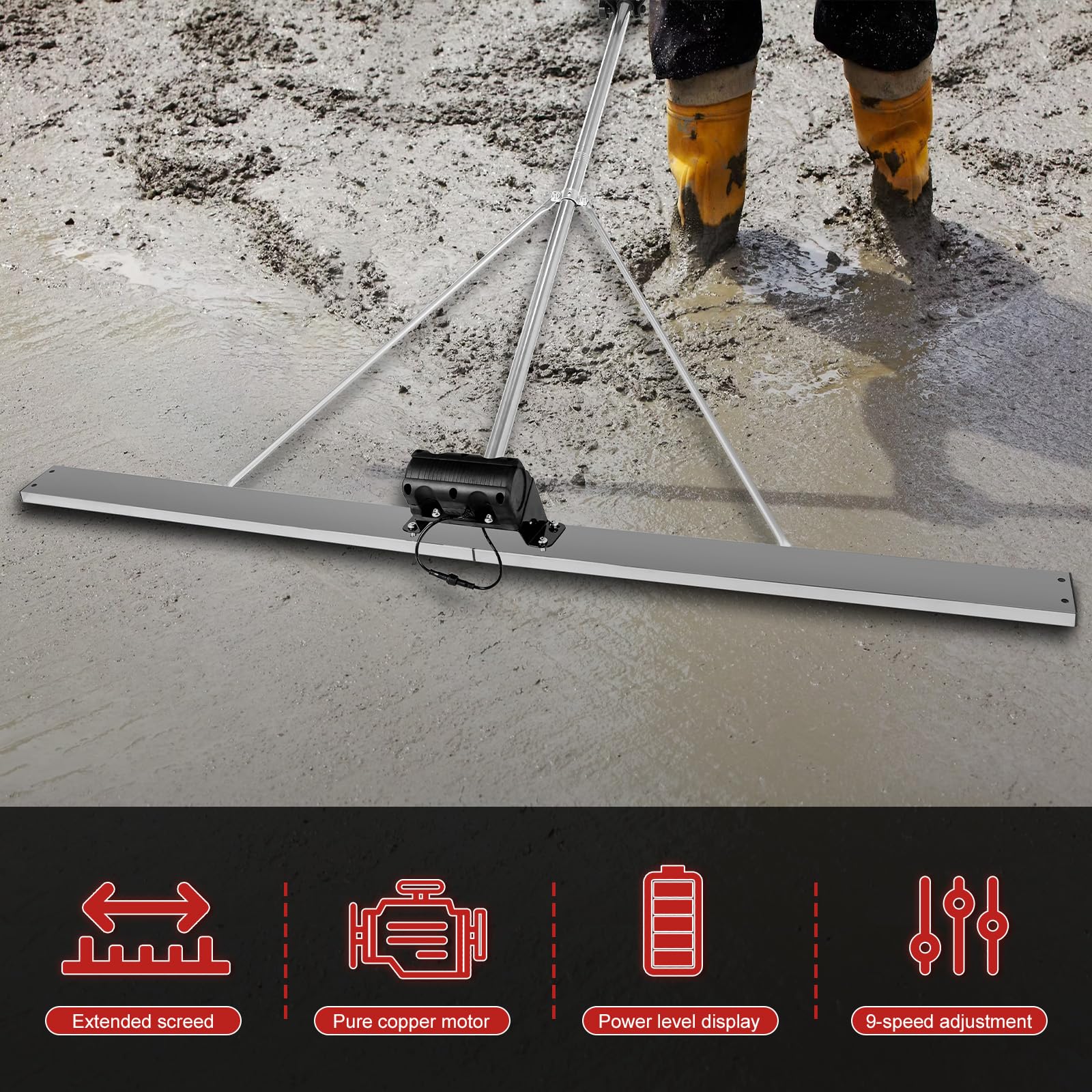 Akku-Beton-Estrich, elektrischer Zement-Estrich mit 2x6500mAh Akku, 1,5m Beton-Glättungswerkzeug, 9-Gang-Einstellung