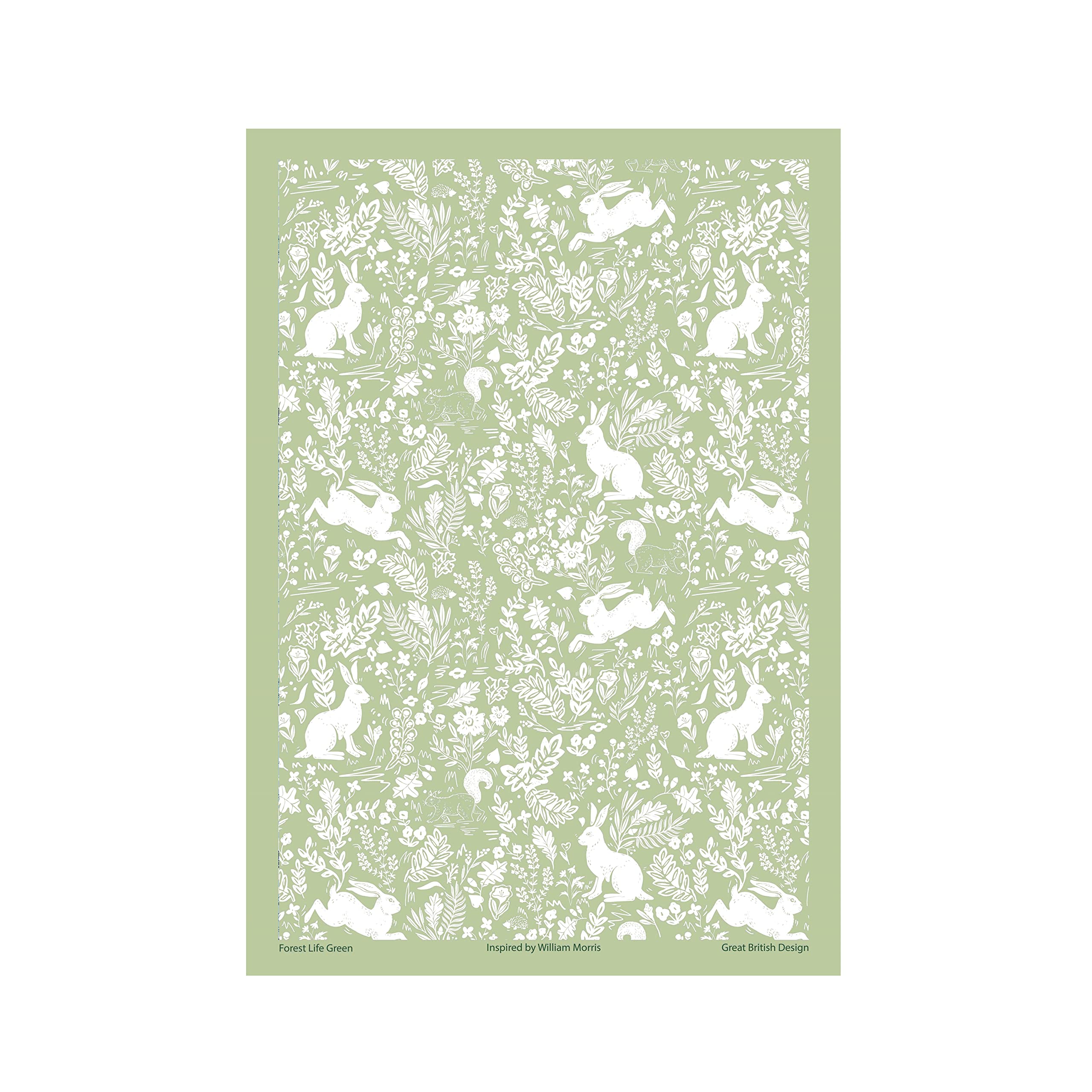 Auntie Morags William Morris Inspired Forest Life Sage Green Cotton Tea Towel