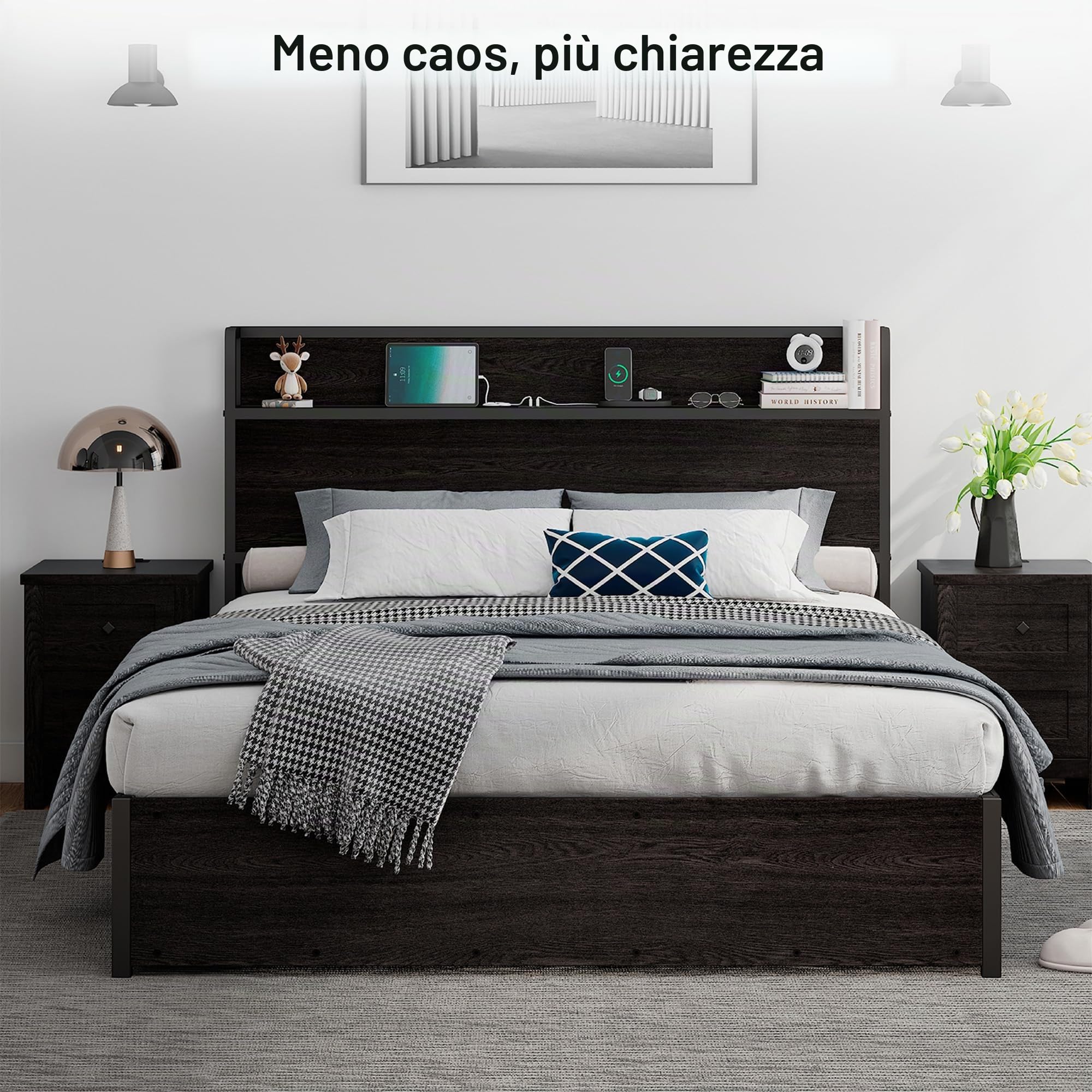 LUXOAK Letto Contenitore con Sollevamento 140 x 200 cm, Spazio Contenitore e Stazione di Ricarica, Nessun Box Spring Necessario, Silenzioso, Nero, Senza materasso