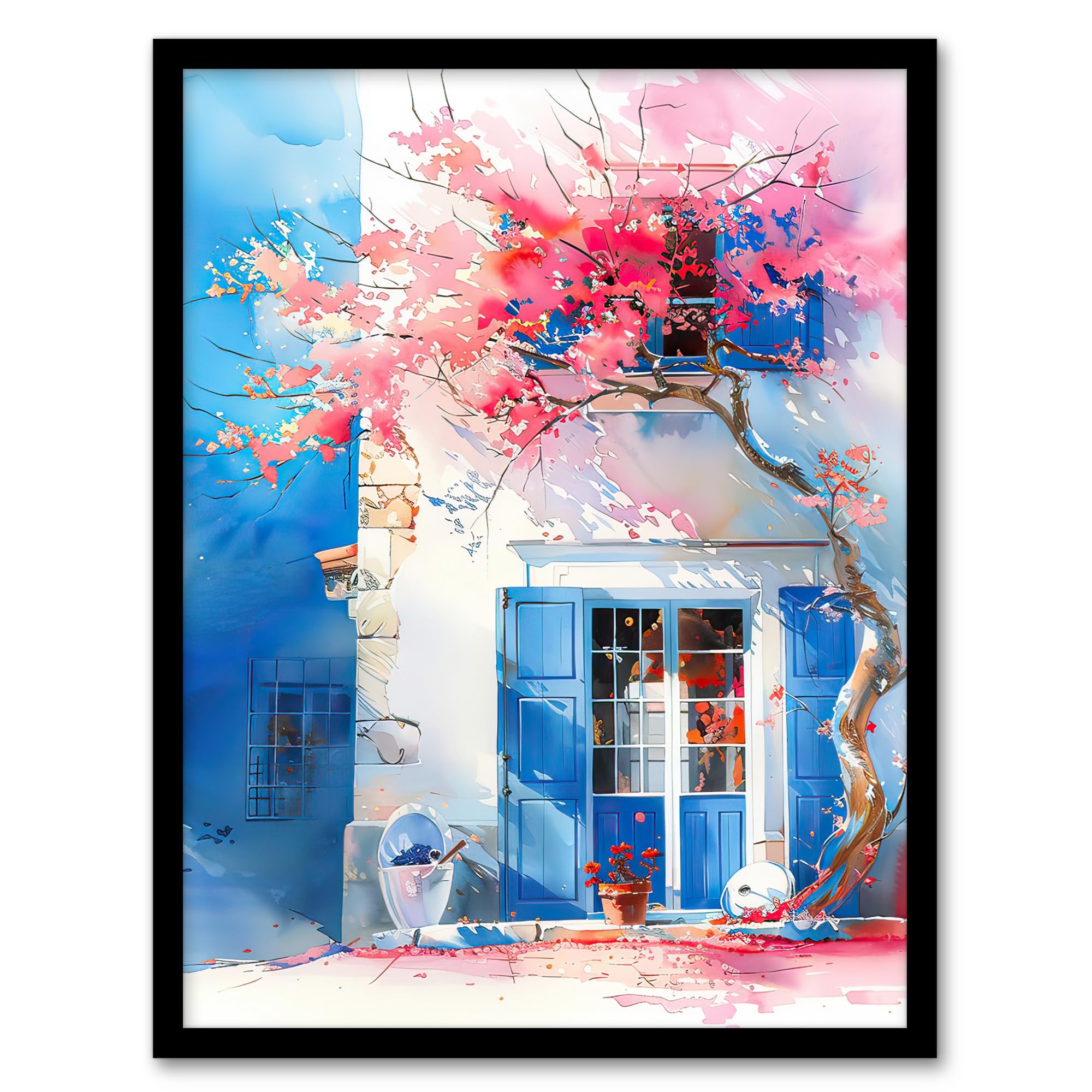 Artery8 Flowering Bougainvillea Boho Mykonos Watercolour Living Room Artwork Framed Wall Art Print A4