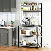 Vista 7 de Shintenchi Estante de panadero con toma de corriente, gran espacio de almacenamiento, 10 ganchos, barra de café con panel de alambre metálico