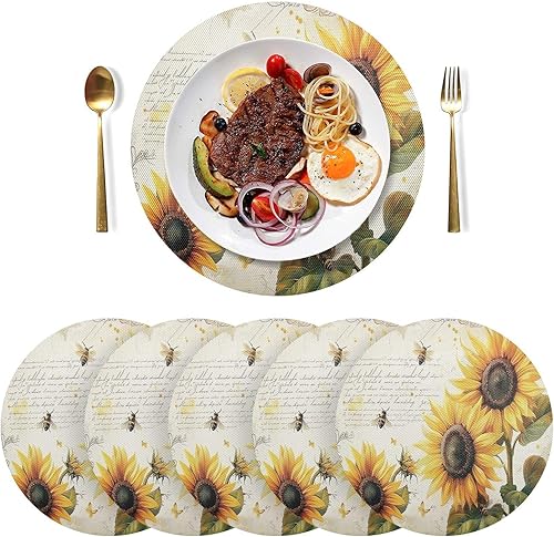Miniatura 3 de Retro Sunflowers Bees PVC Placemat, Heat Resistant Non Slip PVC Placemats Set of 4 Wipeable