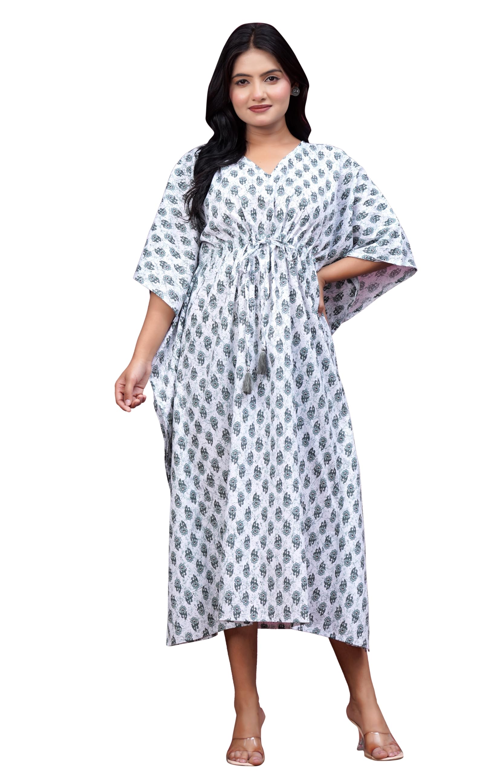 vadhika garments Cotton Printed Long Kaftan for Women, White and Green Floral Block Print, V-Neck with Drawstring Waist-picture-30