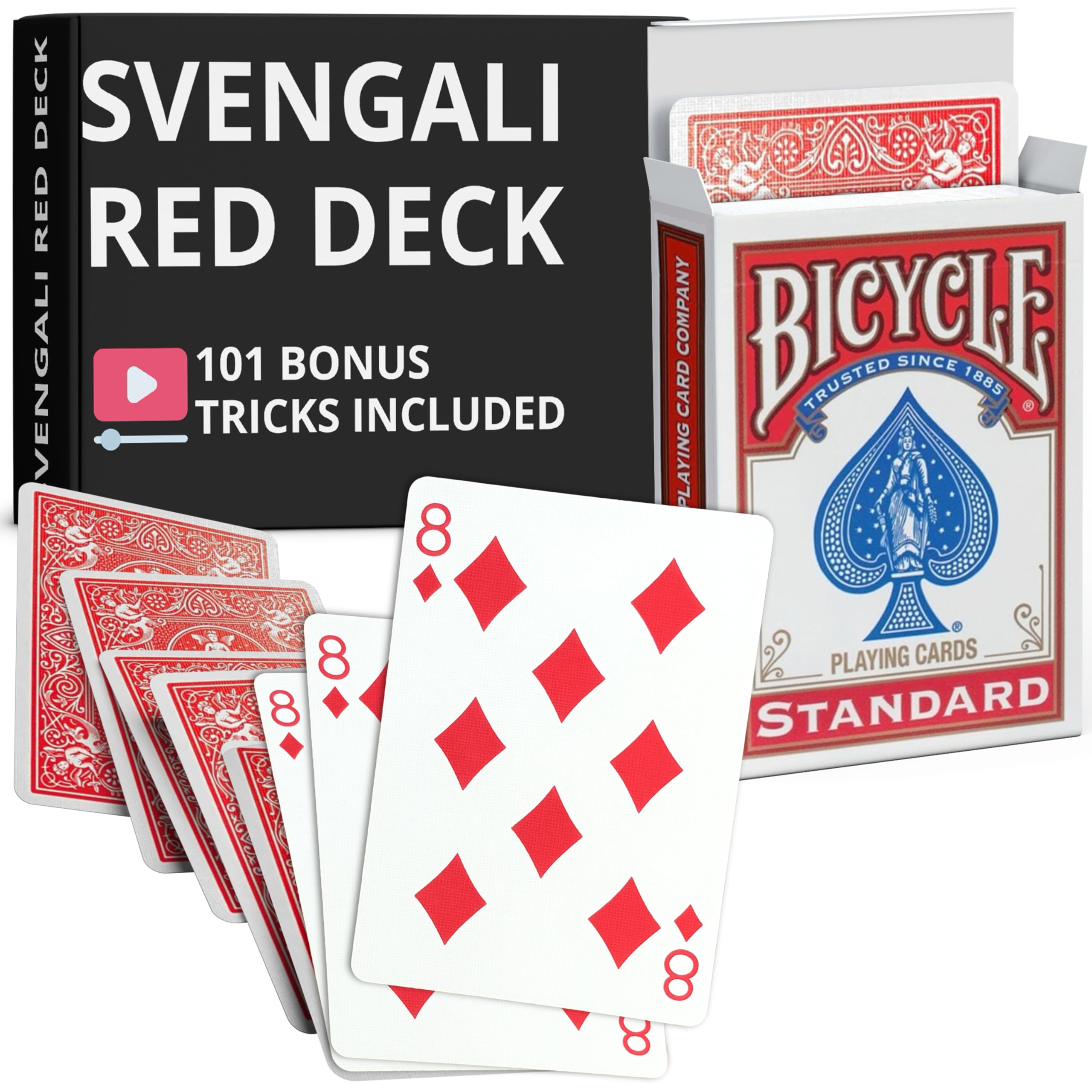 Ted's Sterling Magic Precision Red Rider Back Bicycle Svengali Deck with Instructions for 100+ Tricks (8 of Diamonds) — image 1