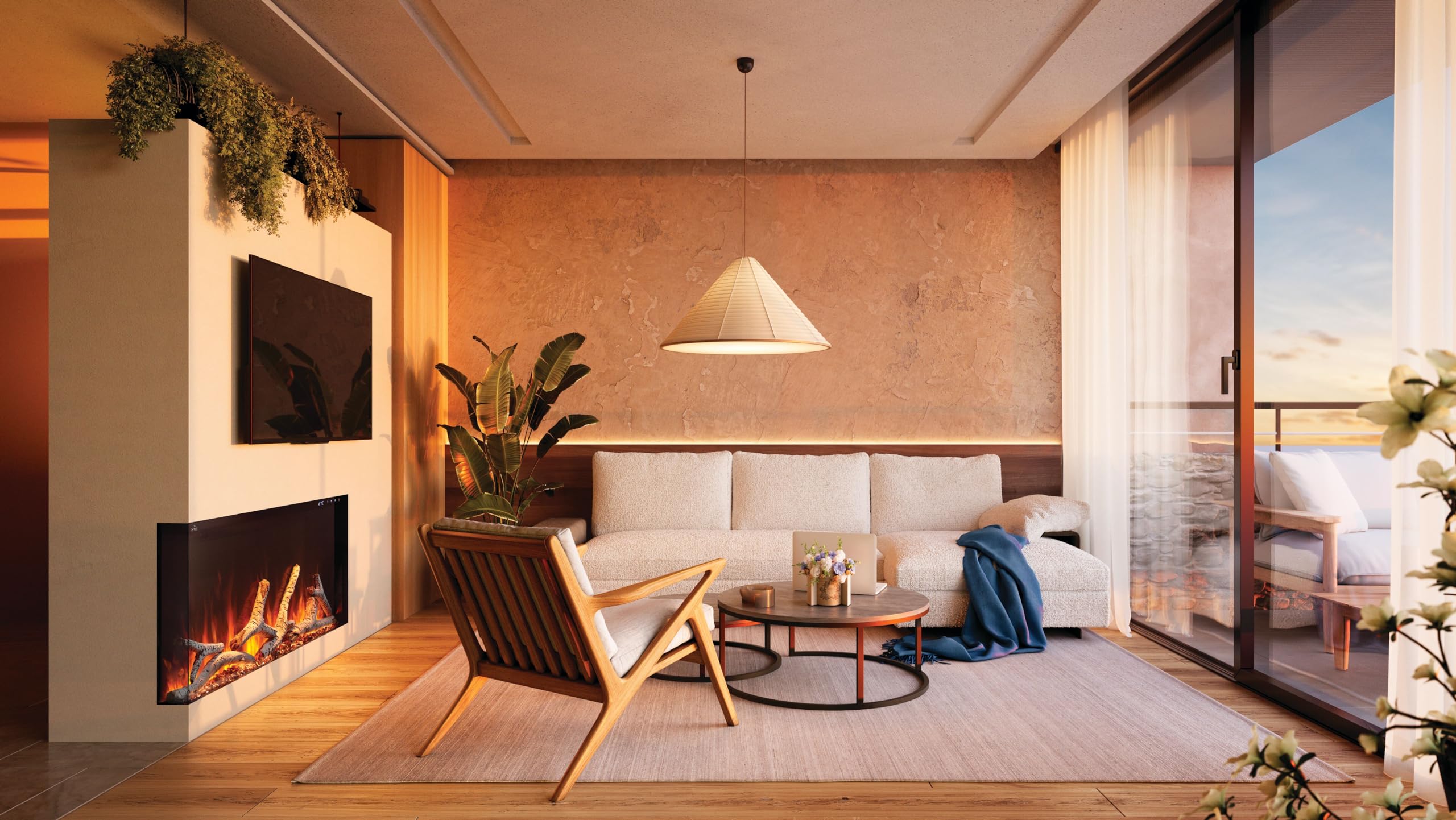 Astound 50 FlexMount Electric Fireplace - NEFL50AB - 50-Inch, Flexible Installation, Built-in or Wall Hanging, Realistic Flames, Wi-Fi Enabled, Voice or App Control, Included Logs and Woodland Kit