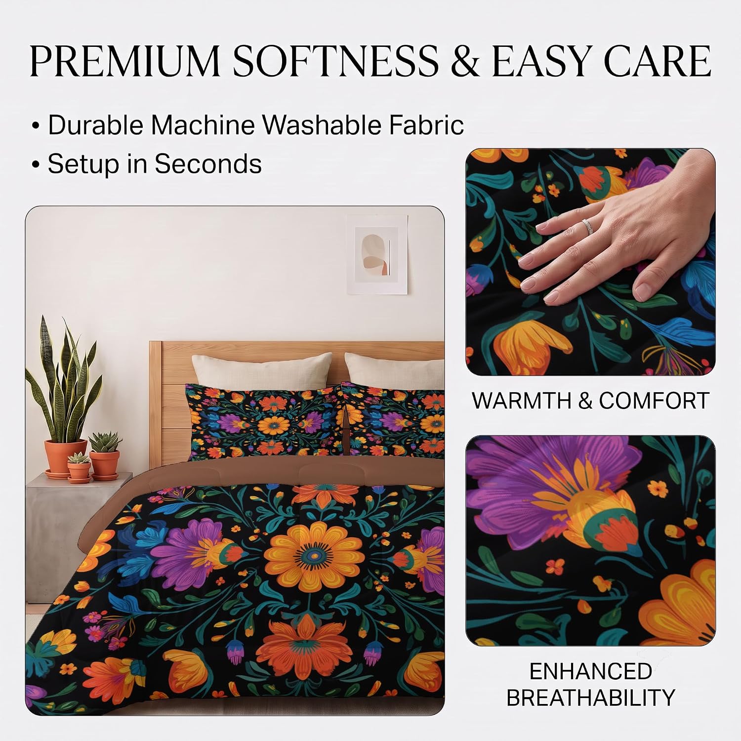 Mexican Folklore Comforter Set Queen Size, Countryside Wildflower Fields Bedding Set for Girls Boys, Orange-Red Quilt Bed 90"X90" Bedding Comforter Sets with 2 Pillowcase Room Decor