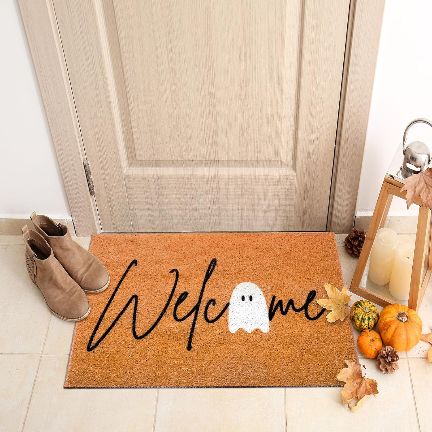 Halloween Ghost Welcome Doormat Indoor Outdoor 30 x 18'' Front Door Welcome Mat Non Slip Backing Washable Soft Kitchen Spooky Rugs for Seasonal Halloween Party Home Entrance Decoration
