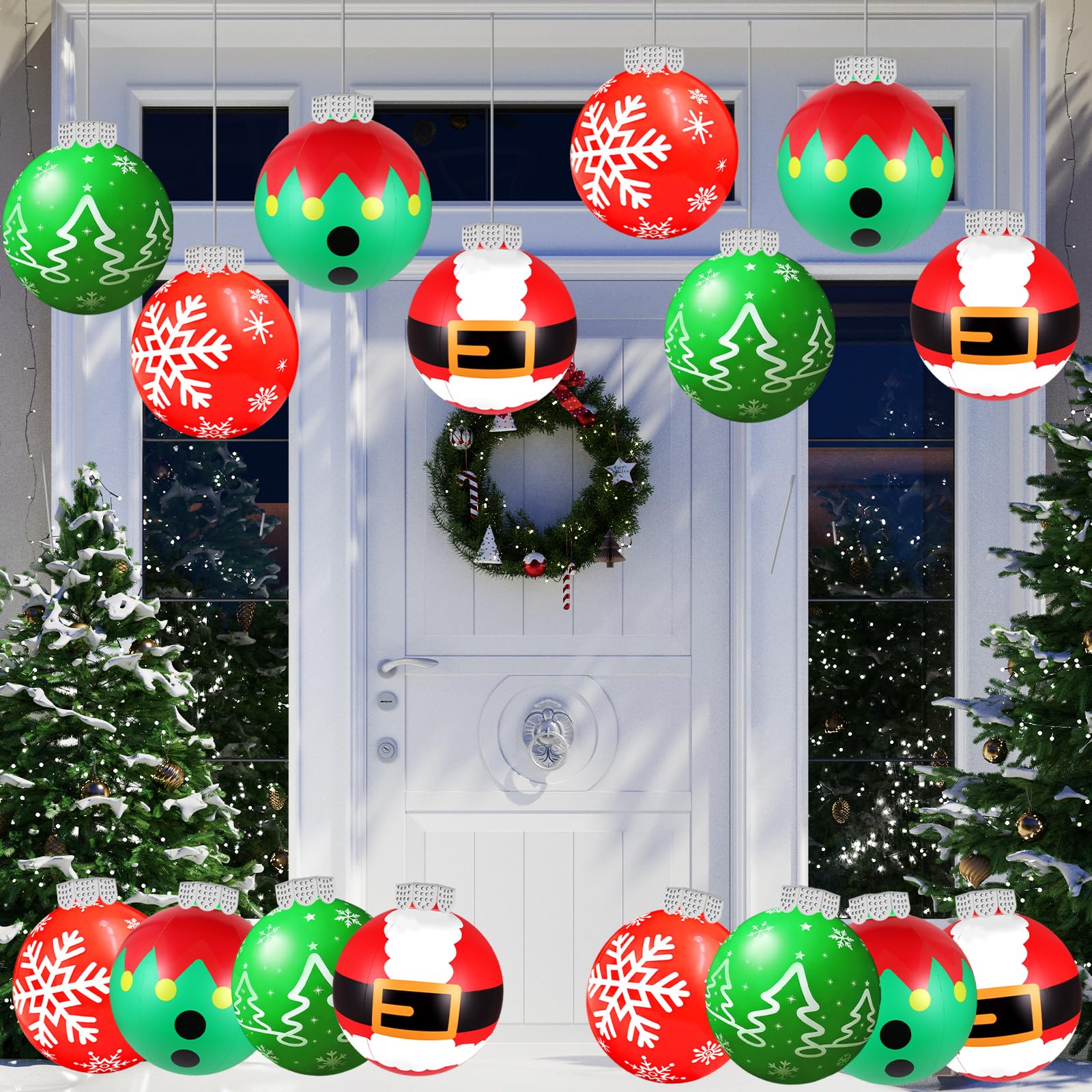 9 Inch Large Inflatable Christmas Balls Outdoor, Blow up Christmas Ornaments Balls with Holiday-Themed Patterns, Decorations for Front Porch, Tree, Yard (8 Pcs)