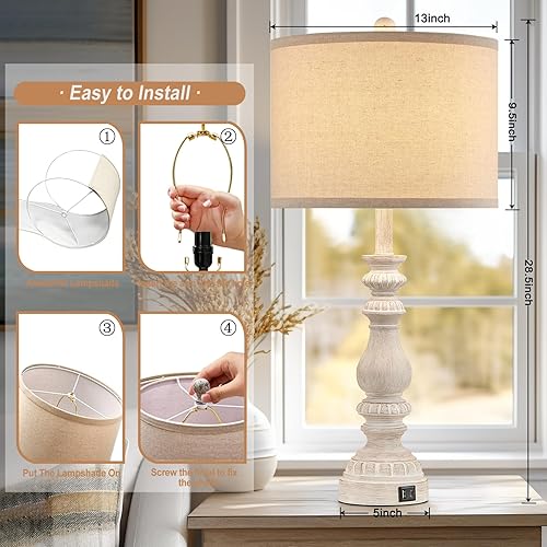 Miniatura 6 de Juego de 2 lámparas de mesa de granja de 28.5 pulgadas de alto para sala de estar, lámparas de noche rústicas con USB C + A, lámpara tradicional
