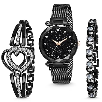 MARCLEX Branded Analogue Diamond Studded Black Dial Magnet Watch with Gift Bracelet for Women or Girls and Watch for Girl or Women (Combo of 3)